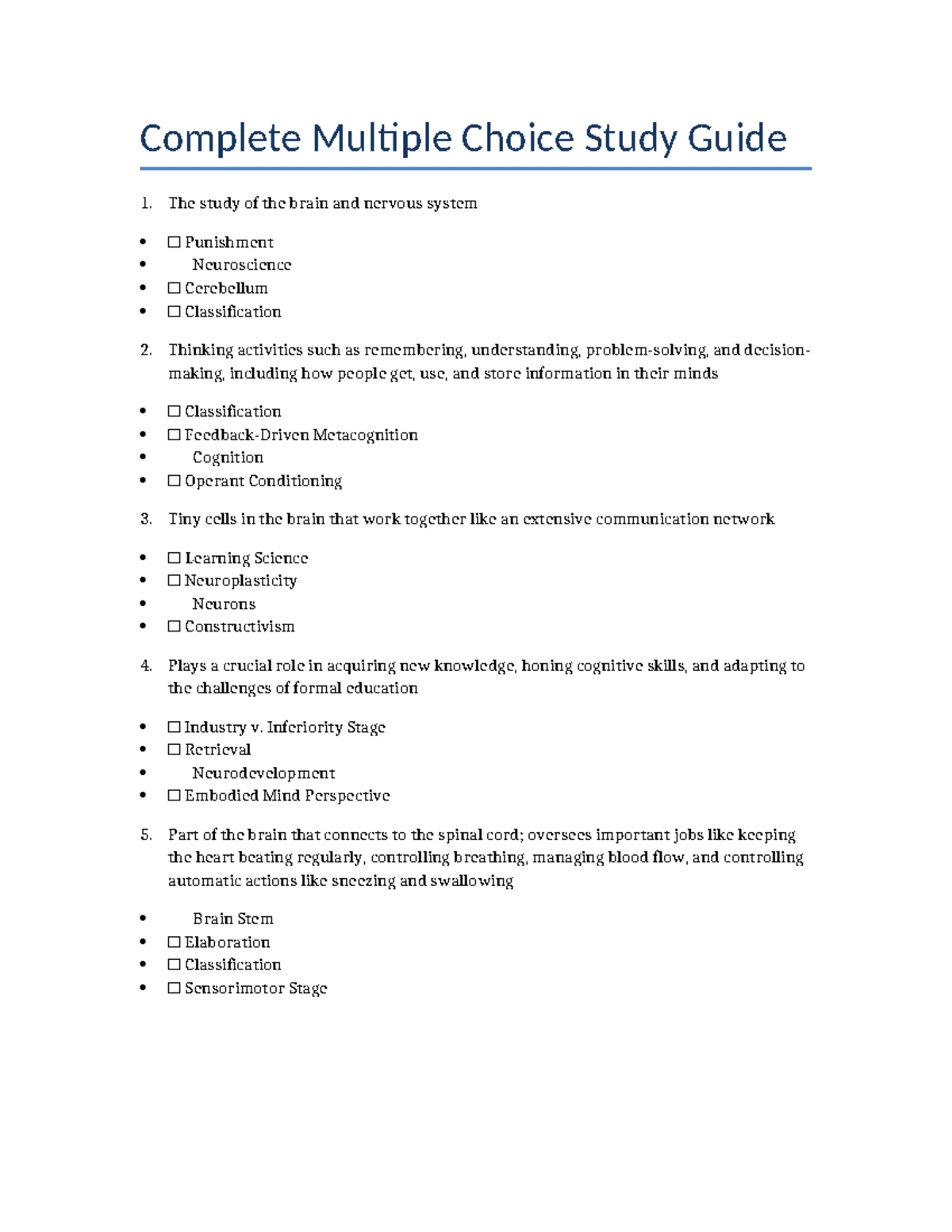 Neuroscience Study Guide: Complete MCQ Test & Answer Key - Studocu