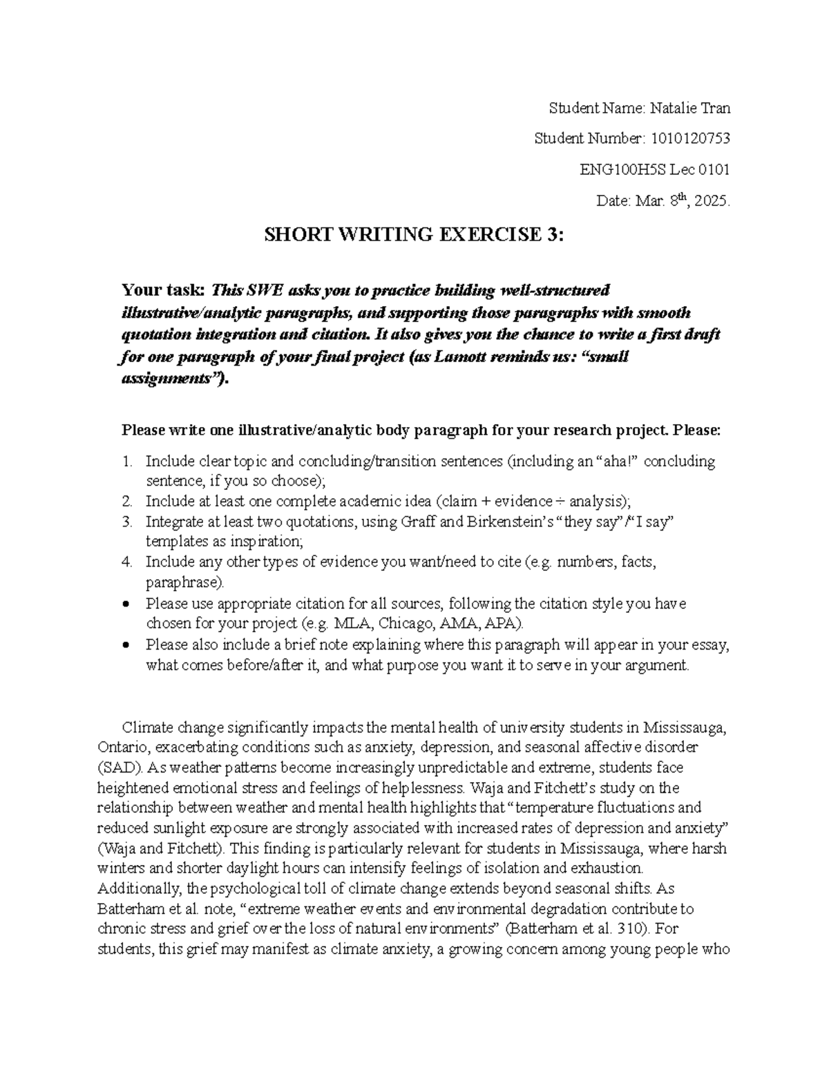 ENG100H5S Short Writing Exercise 3: Paragraph Draft on Climate Change ...