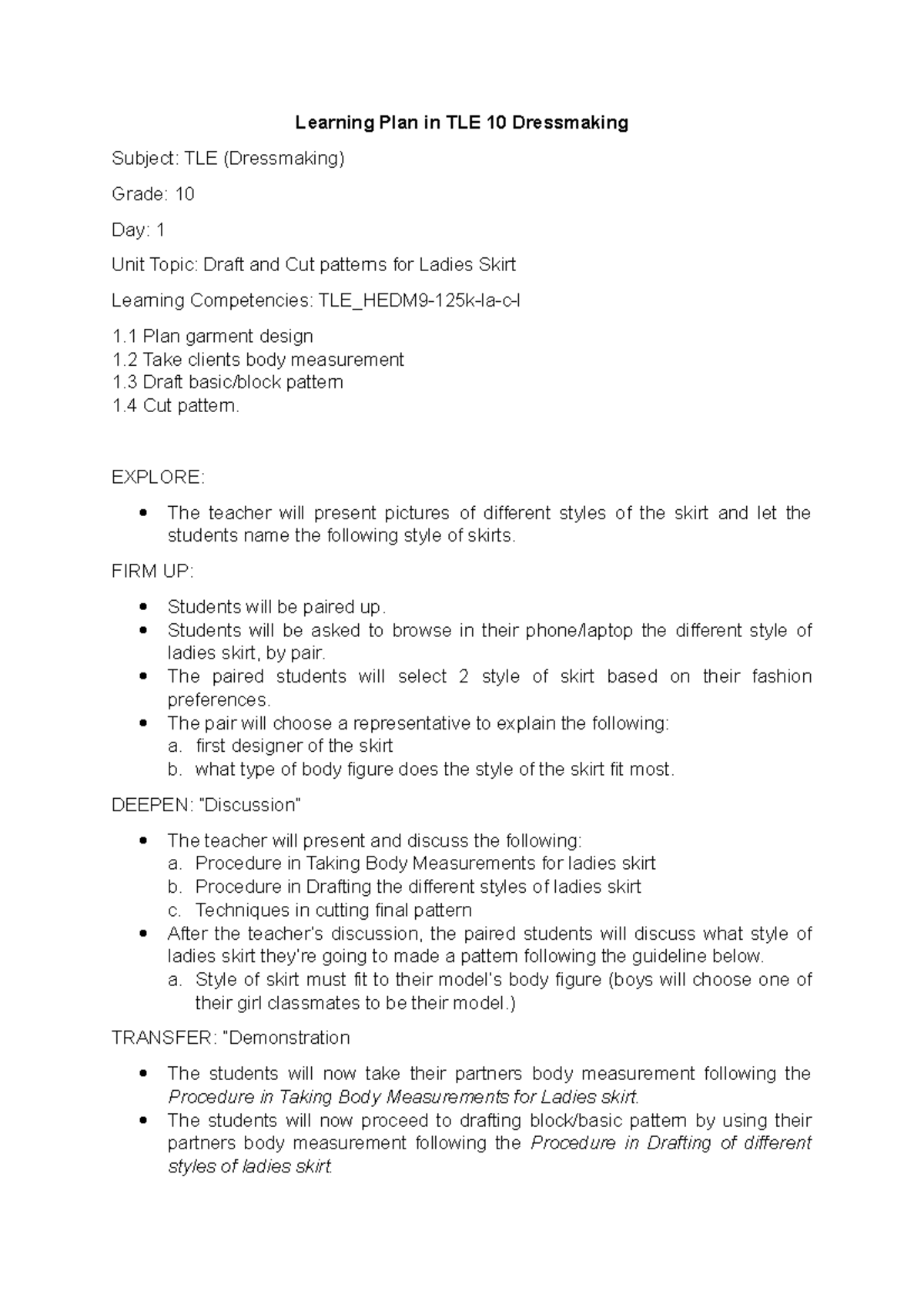TLE 10 Dressmaking Learning Plan: Drafting & Cutting Ladies Skirts ...