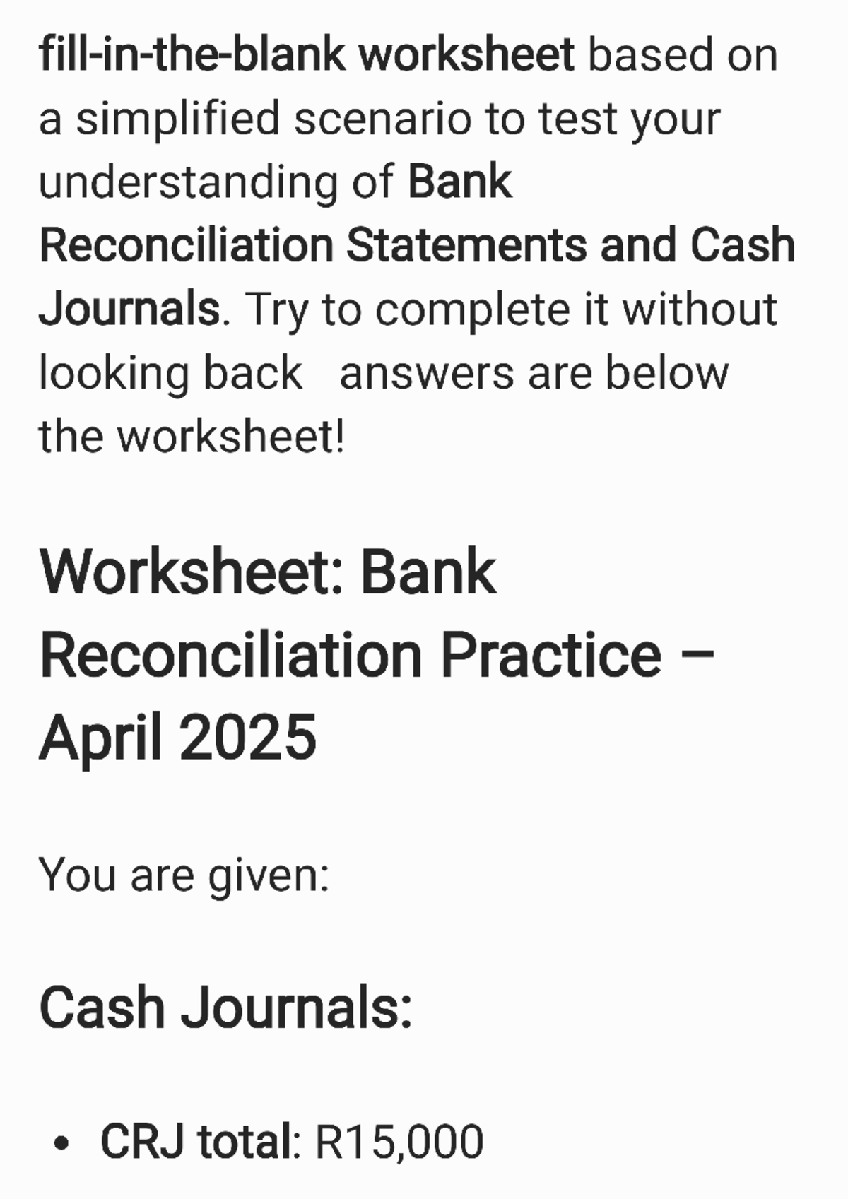 Practice Worksheet for Bank Reconciliation Statements - FAC1501 - Studocu