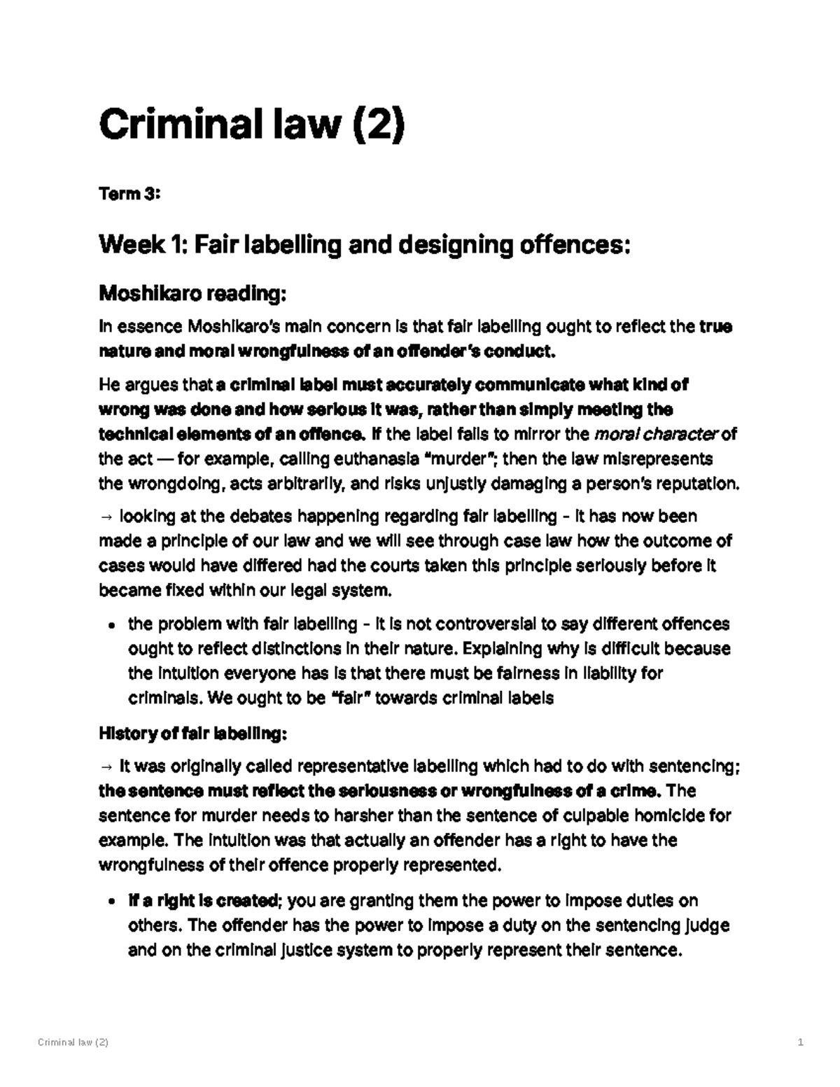 Criminal Law (2) Term 3: Fair Labelling and Offence Design Principles ...