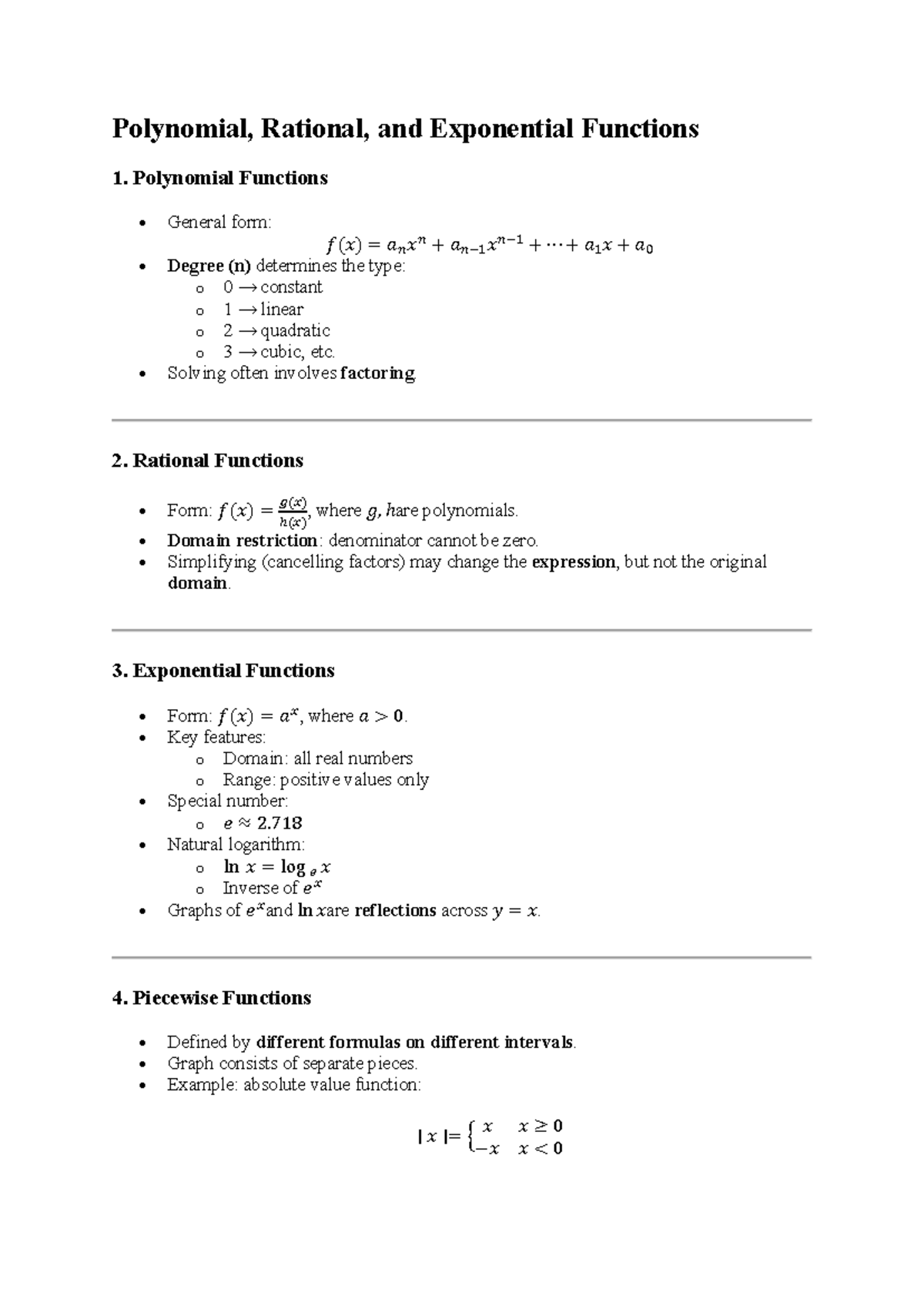 Summary of Polynomial, Rational, and Exponential Functions (MATH 101 ...