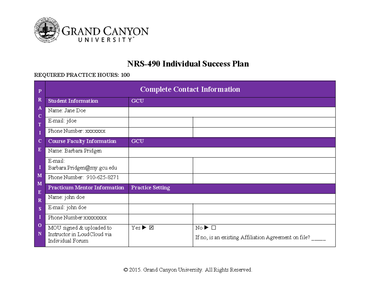 Individual Success Plan (ISP) for Practicum Course: 100 Practice Hours ...