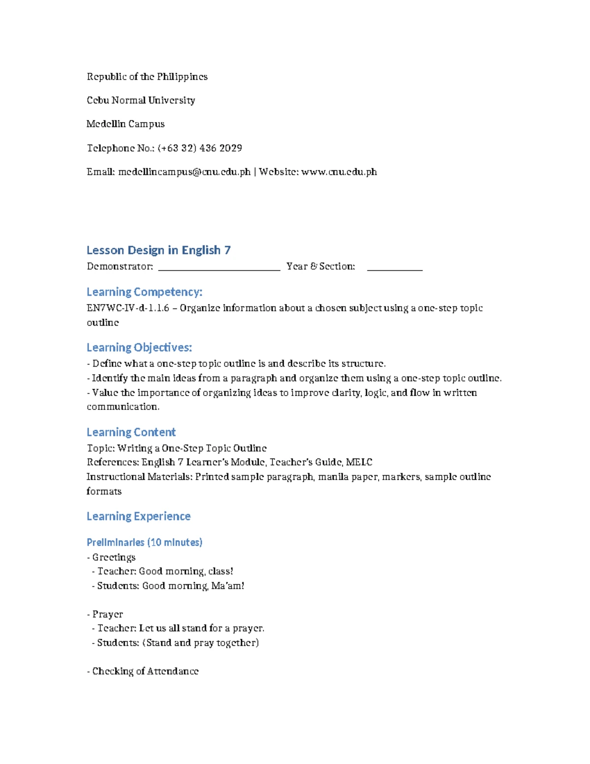 Final Lesson Plan EN7: Creating a Topic Outline - Studocu