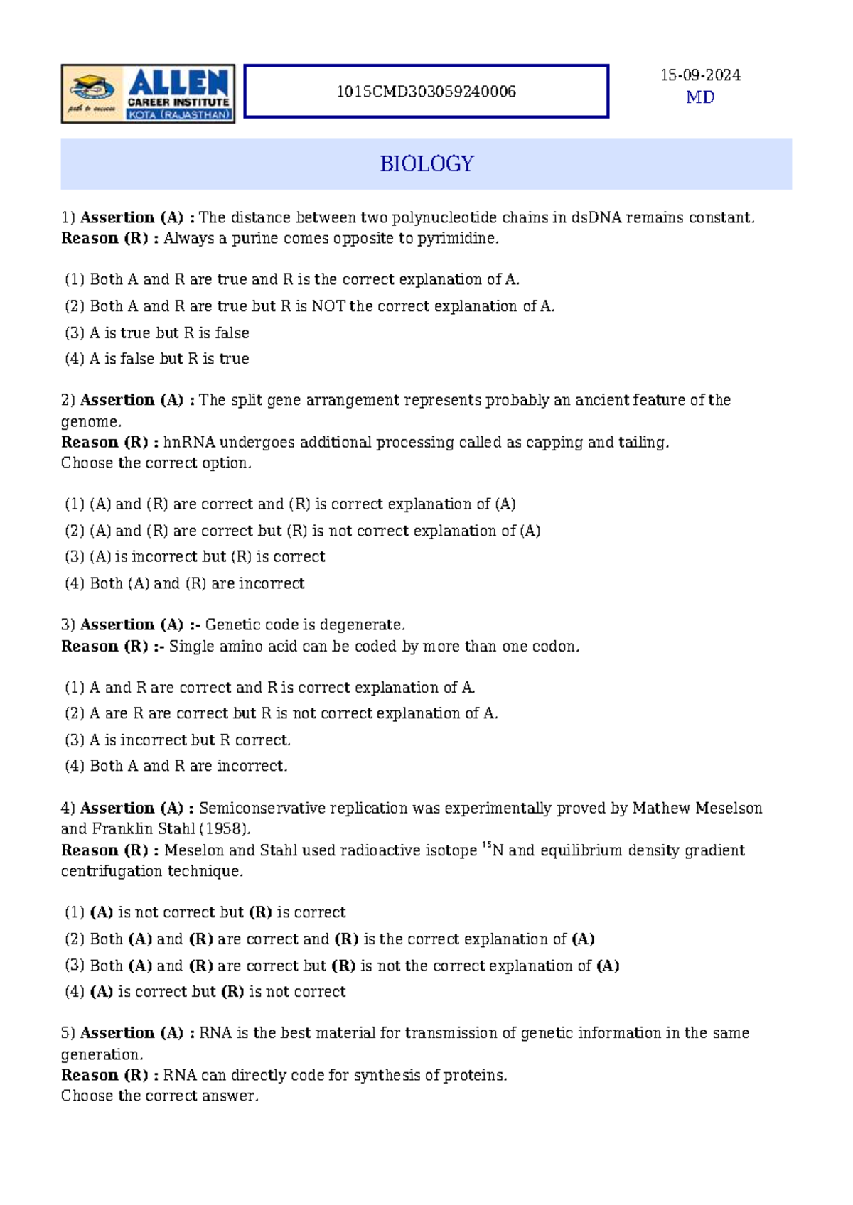 MD BIOLOGY Solution - Allen Bio Practice Paper on Assertions and ...