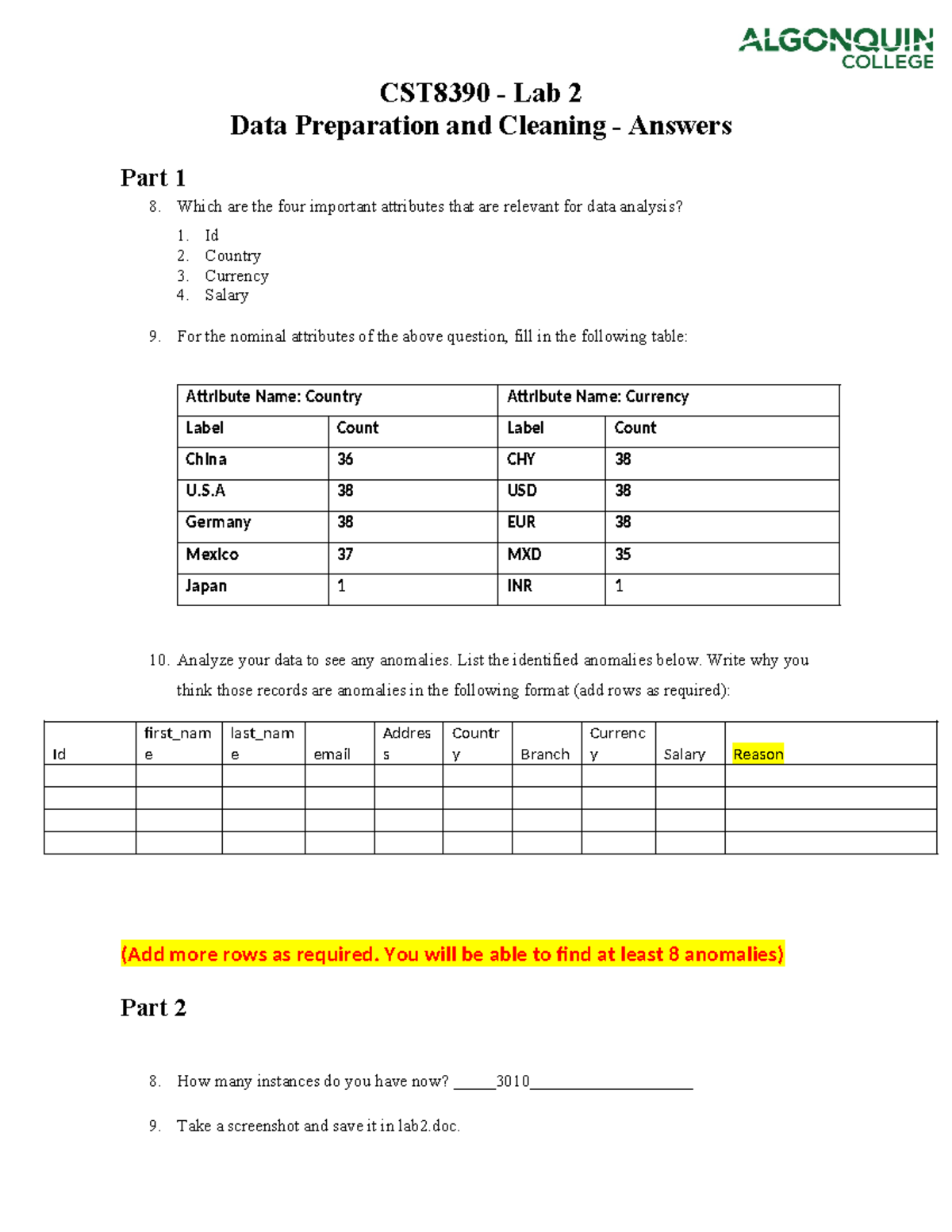 CST8390 - Lab 2 Data Preparation & Anomalies Analysis Guide - Studocu