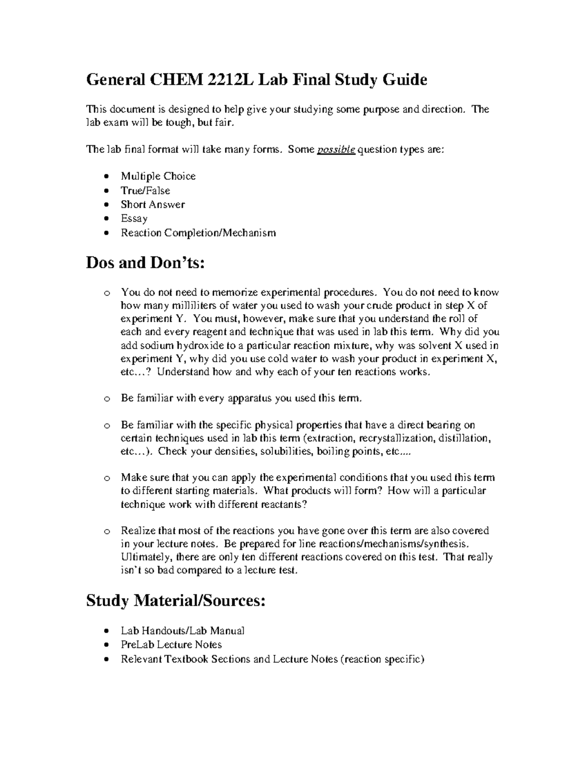 CHEM 2212L Lab Final Exam Study Guide and Tips for Success - Studocu