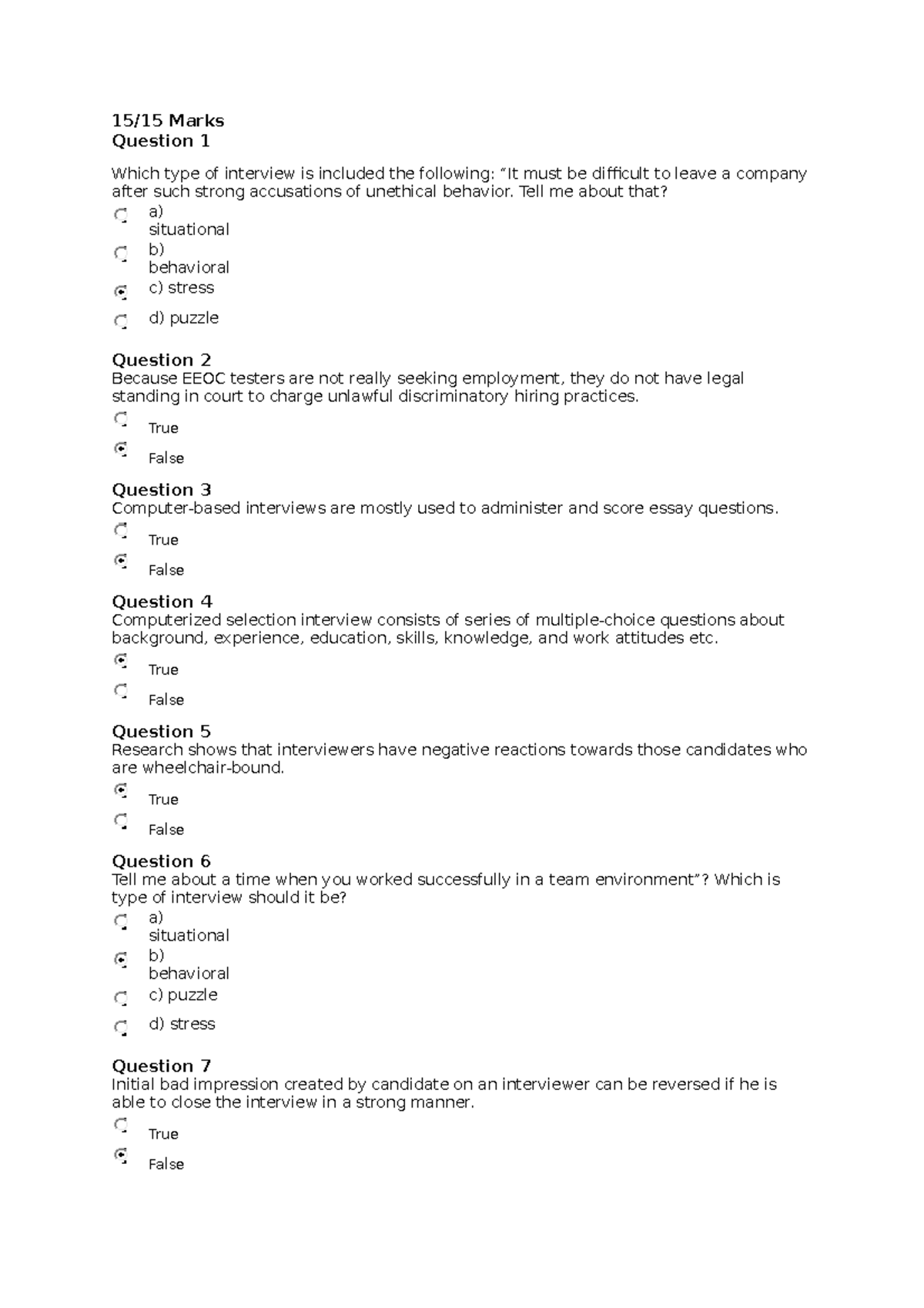 Interviewing Candidates: MCQs for HR Selection Procedures - Studocu