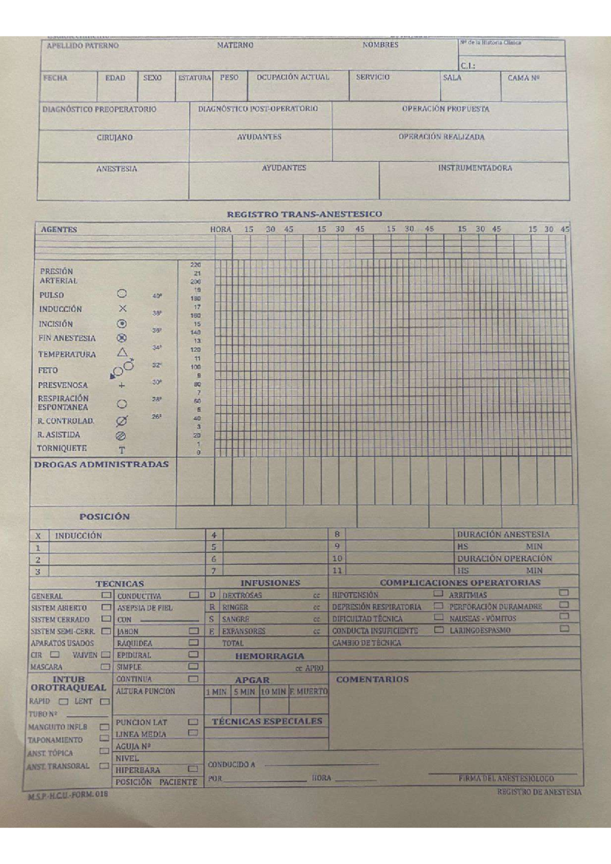 Registro de Anestesia - M.S.P-H.C.U.-FORM. 018 - Document Preview