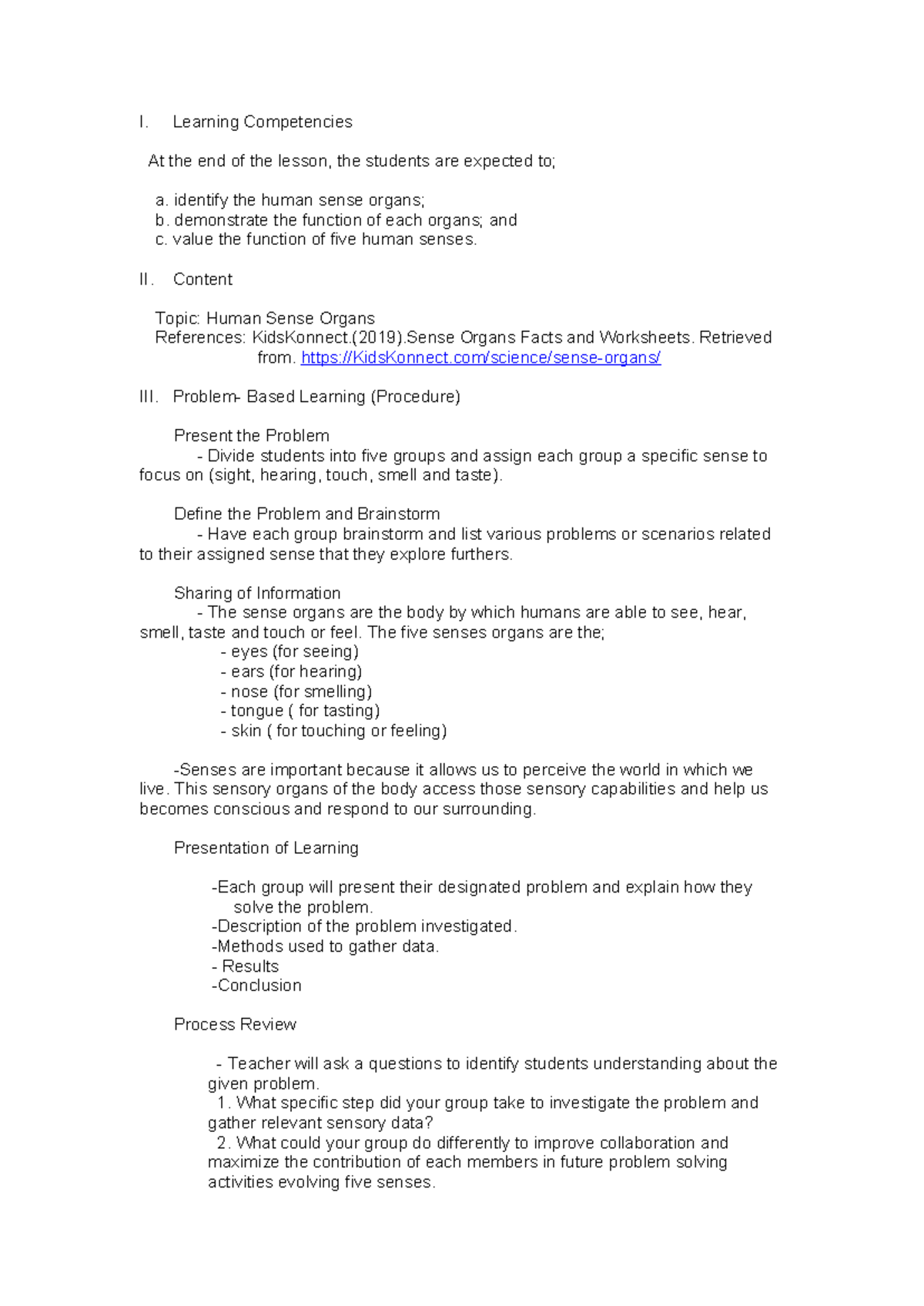 4A's Lesson Plan on Human Sense Organs and Their Functions - Studocu
