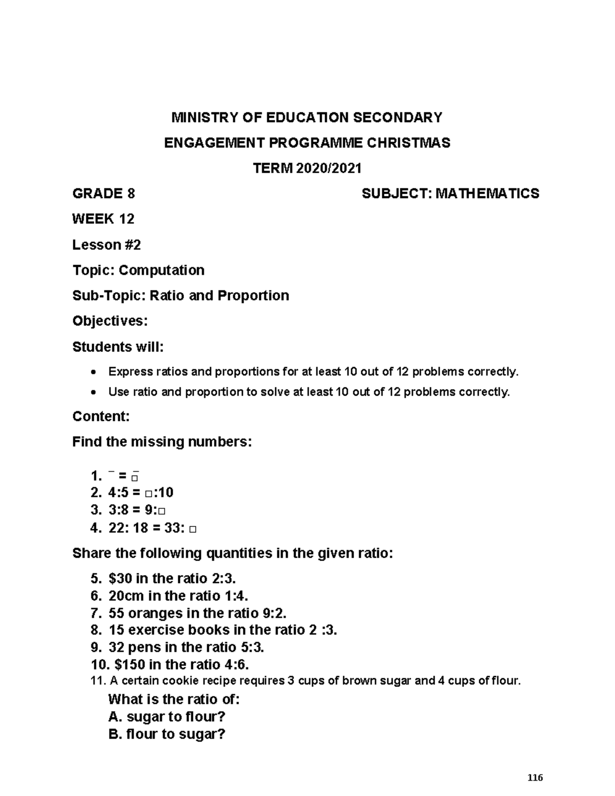 Grade 8 Math Week 12 Lesson: Ratios & Proportions Concepts - Studocu