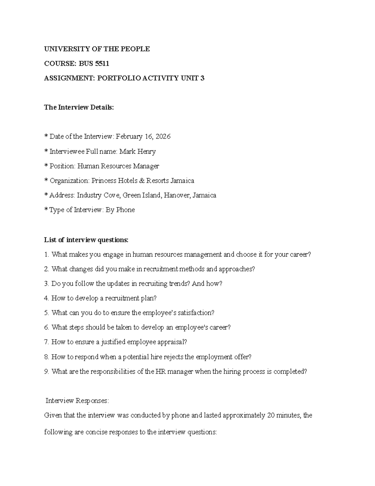 BUS 5511 Portfolio Activity Unit 3: Interview Insights with HR Manager ...