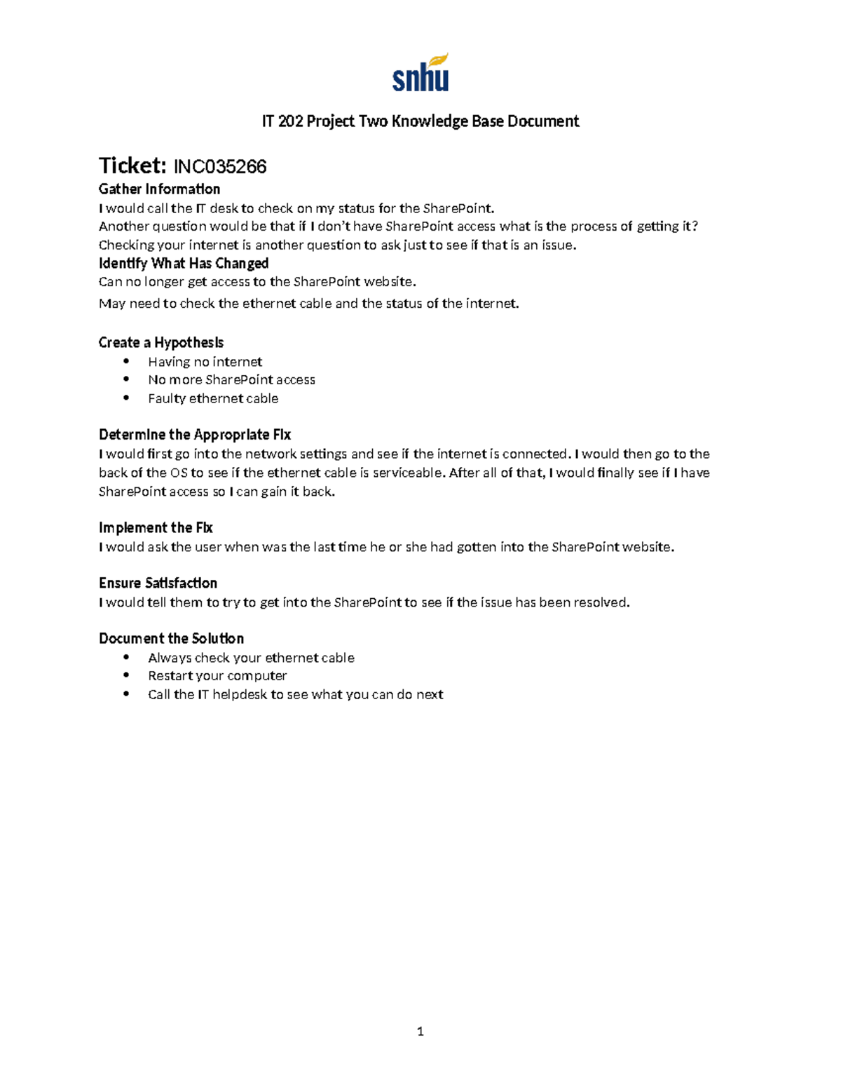 IT 202 Project Two Knowledge Base: Ticket INC Troubleshooting Steps ...