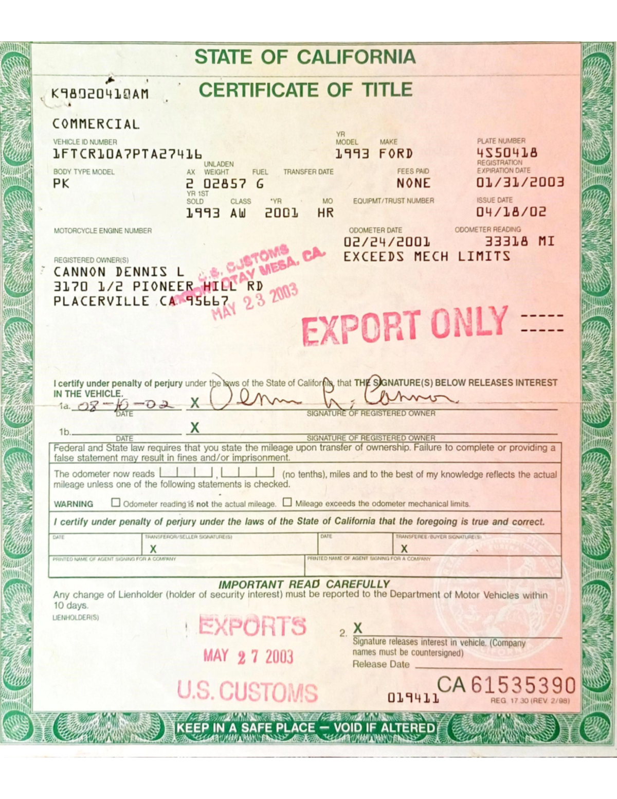 FORD 1993 - DATOS NO OFICIALES - APPLICATION FOR TRANSFER BY NEW OWNER ...