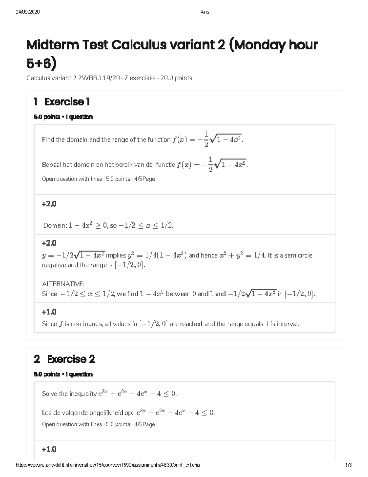 2WBB0 Midterm Test Calculus Variant 2 Answer Model (2019-2020 ...
