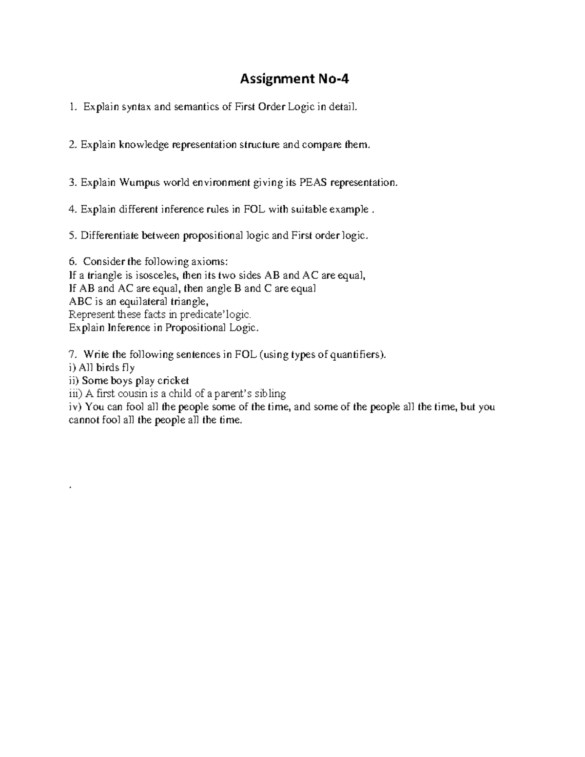 Assignment 4 - FOL Syntax, Semantics & Knowledge Representation - Studocu