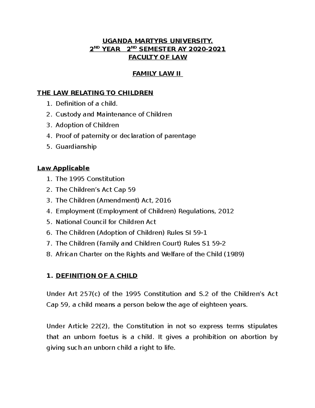 Family Law II (LAW 202): Study Notes on Child Rights & Custody - Studocu