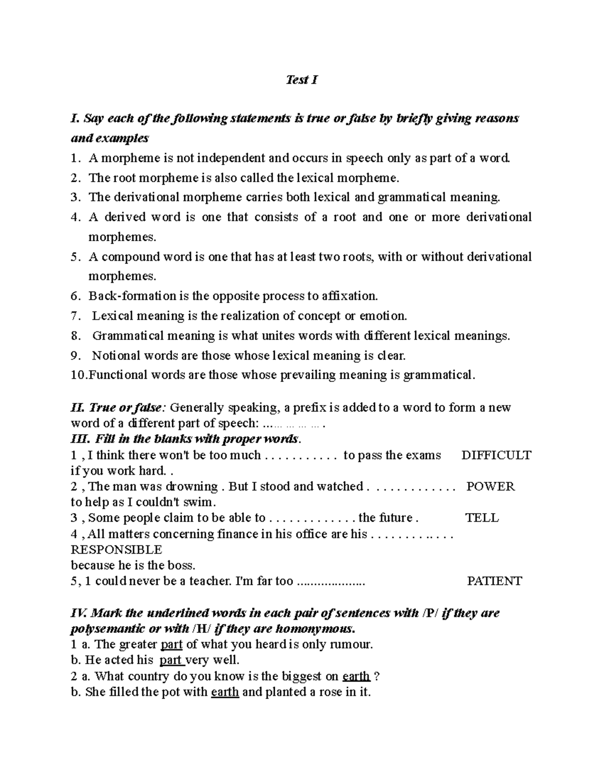 Mid-test on Semantics - Test I I. Say each of the following statements ...