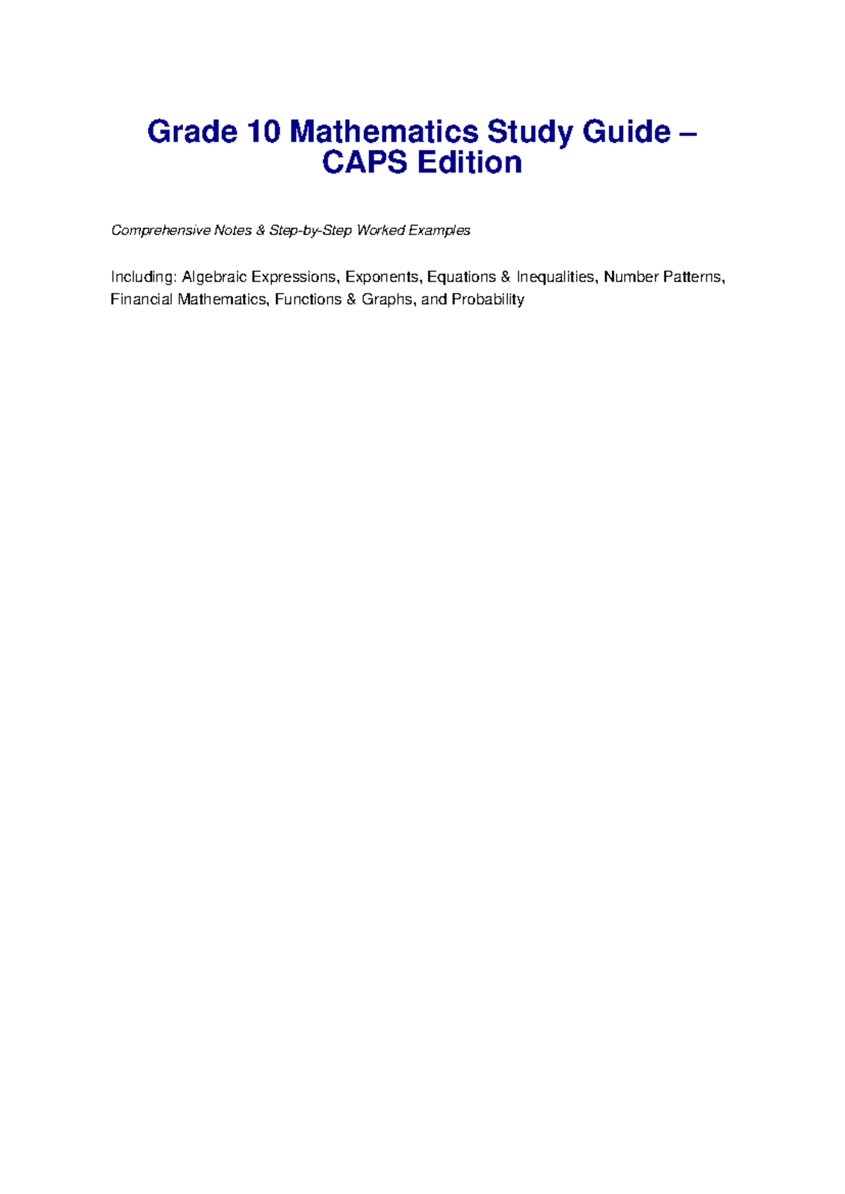 Grade 10 Maths Study Guide CAPS: Comprehensive Notes & Examples - Studocu
