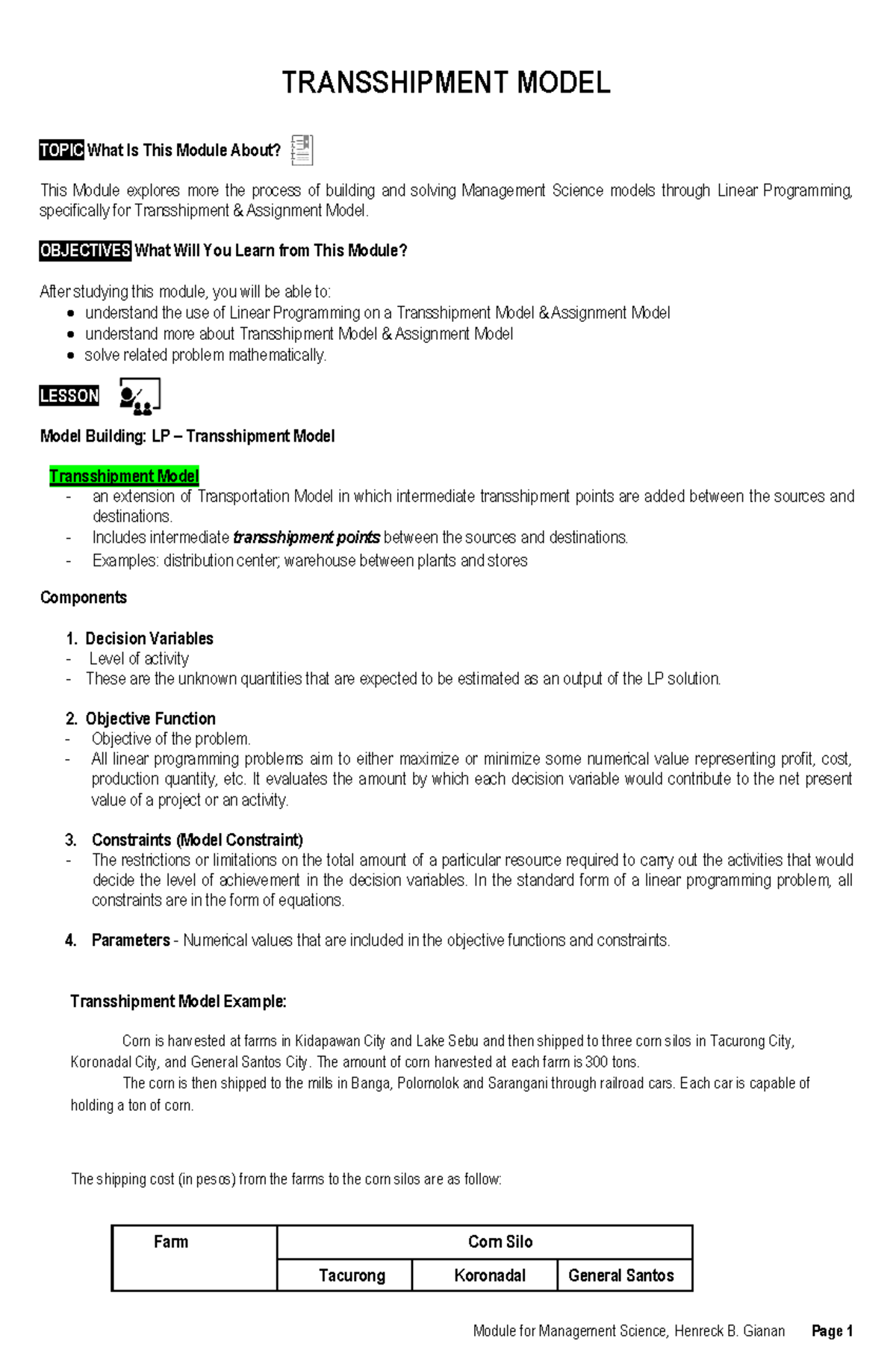 Transshipment & Assignment Model: Management Science LP Overview - Studocu