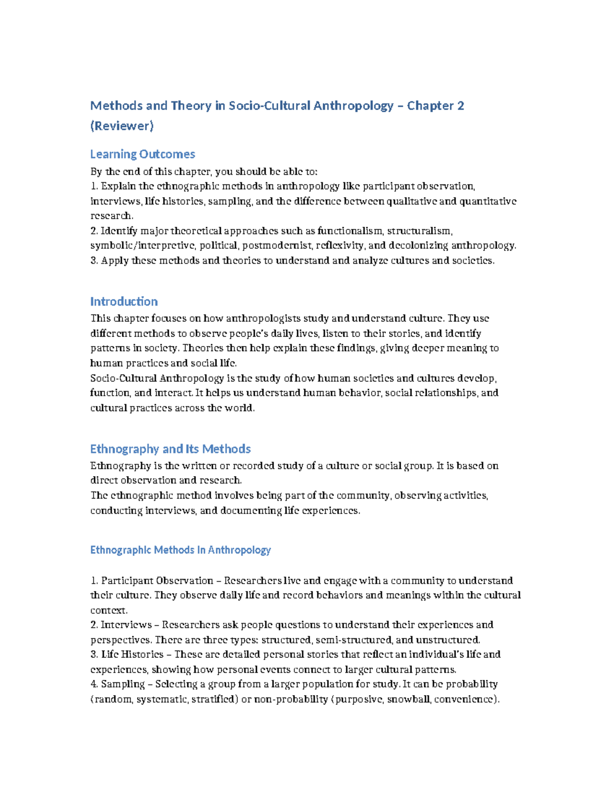 Methods and Theory in Anthropology CH 2 (Reviewer) - Ethnographic ...