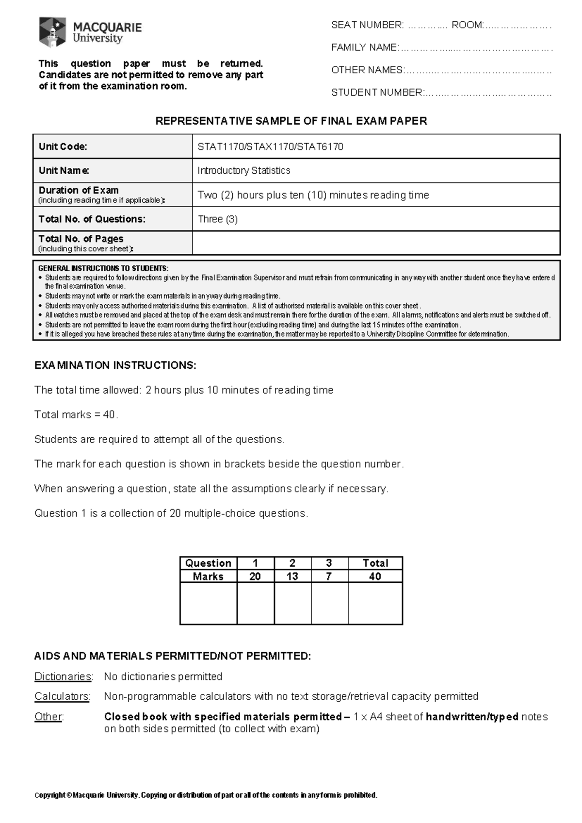 STAT1170 Final Exam Sample Paper: Introductory Statistics - Studocu