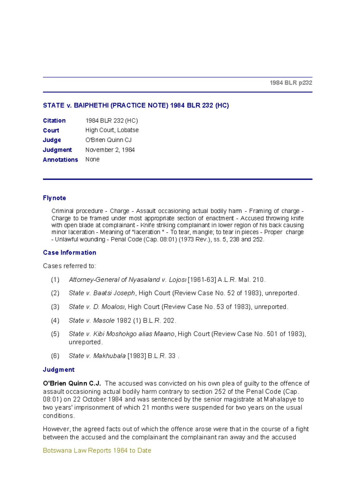 State v. Baiphethi - 1984 BLR 232 (HC) Case Law Analysis - Studocu