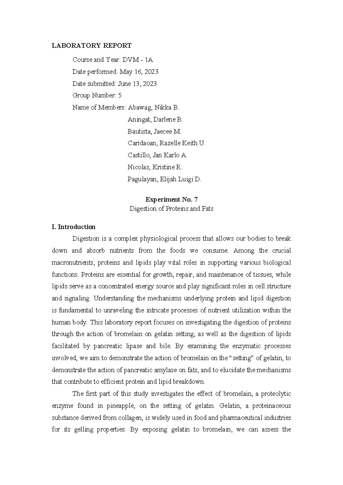 Lab Report 7: Investigating Protein and Lipid Digestion in DVM 1A - Studocu