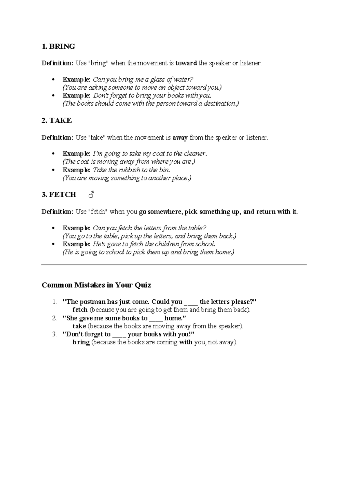 English Grammar: Bring, Take, Fetch, Make, Do, Lie, Lay Notes - Studocu