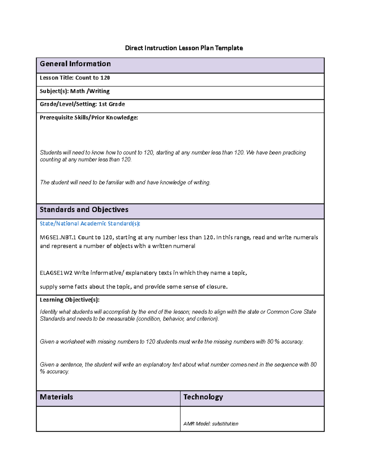 C732 Task 2 - Direct Instruction Lesson Plan for Counting to 120 - Studocu