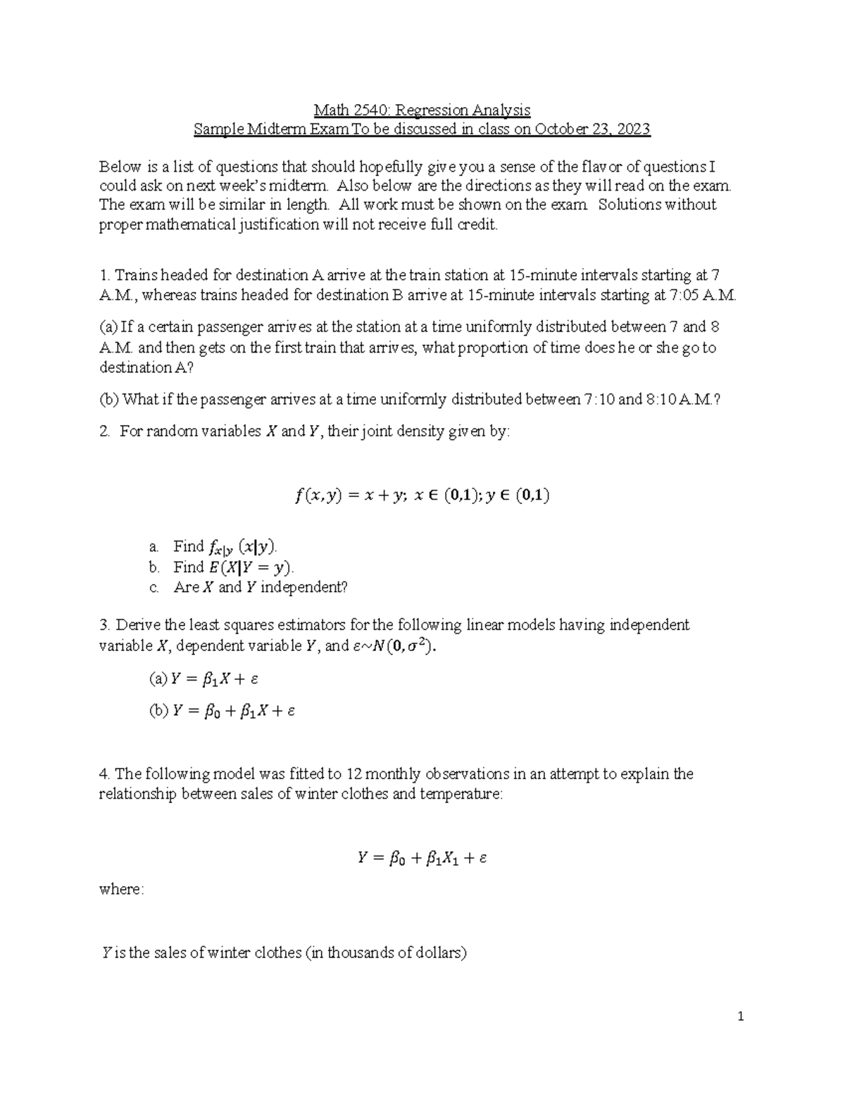 Math 2540: Sample Midterm Exam on Regression Analysis - Studocu