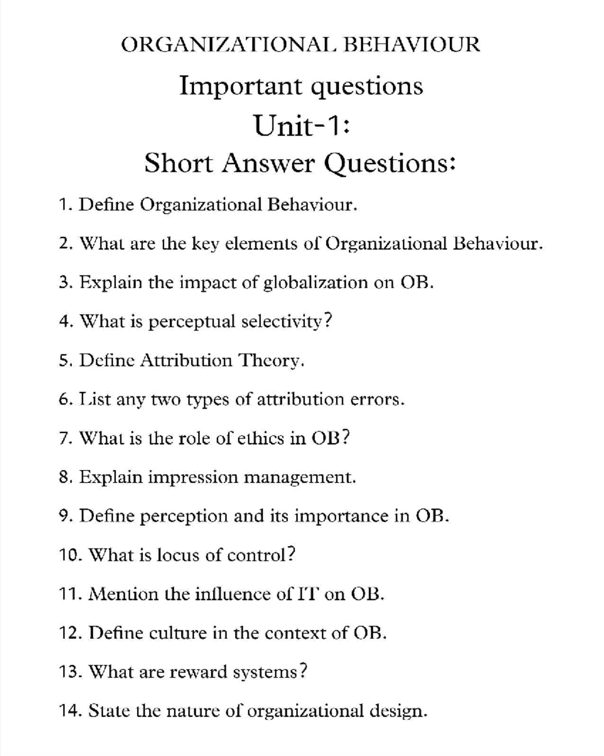 Organizational Behaviour (OB) Important Questions and Answers - Studocu