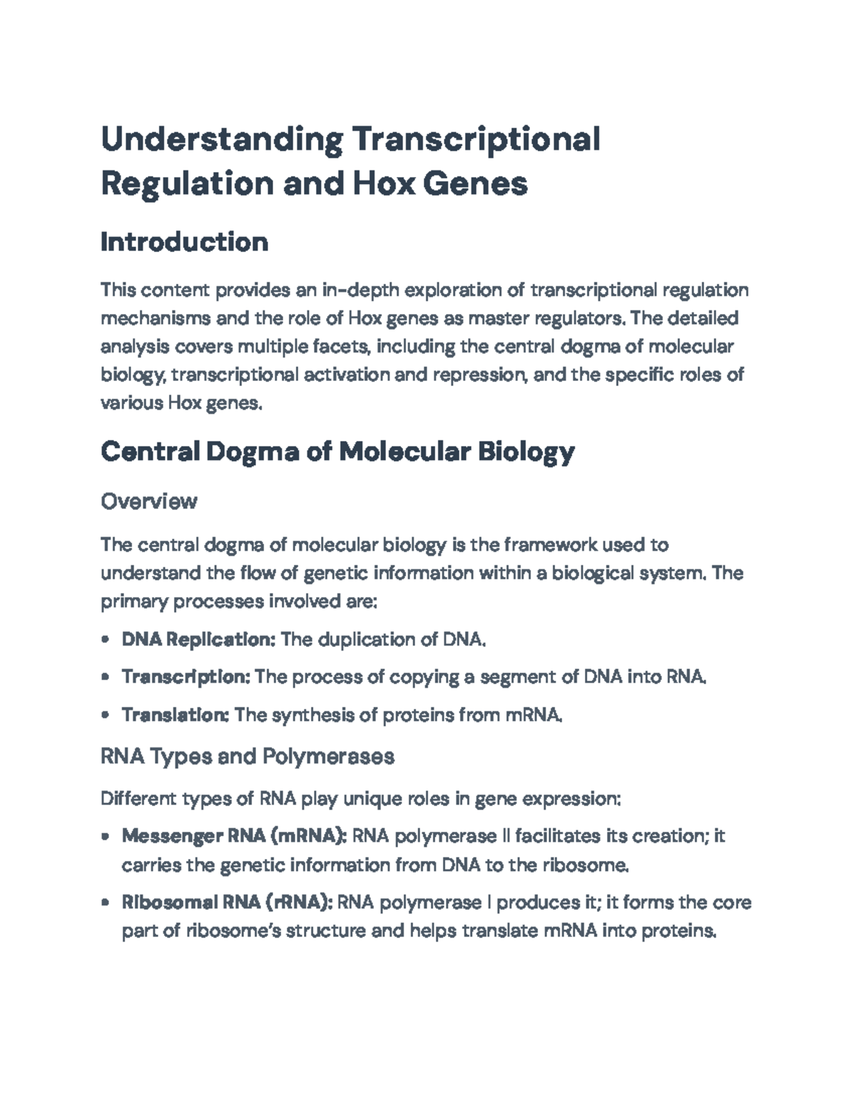 Transcriptional Regulation and Hox Genes: Insights into Molecular ...