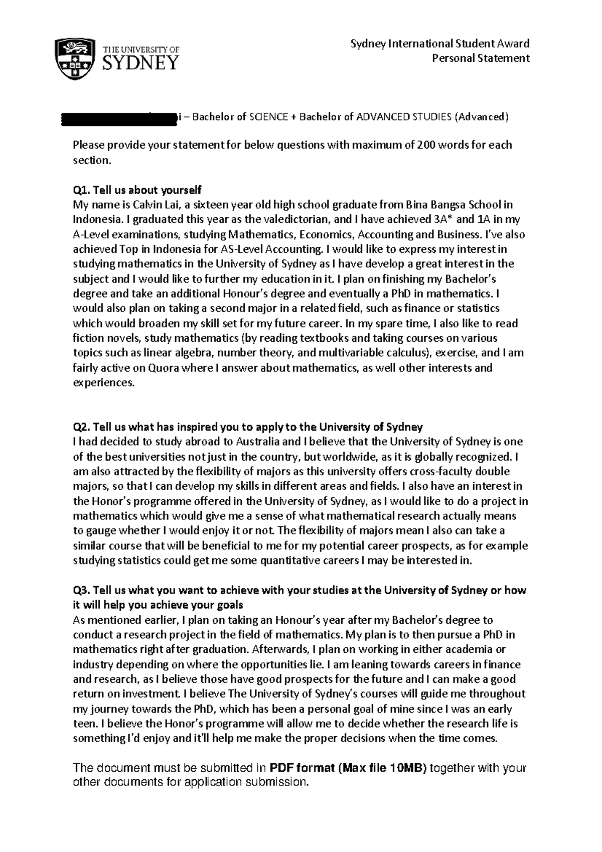 USYD Personal Statement for Student Award Application by Calvin Lai ...