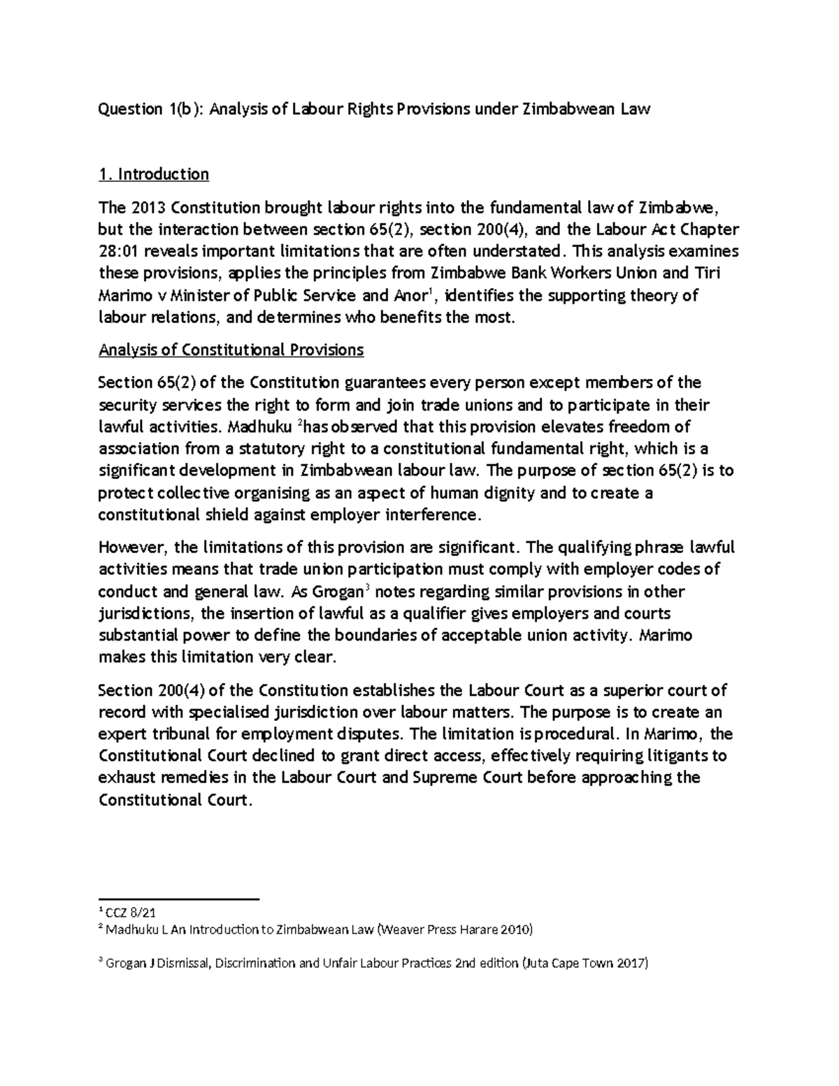 Labour Rights Analysis under Zimbabwean Law: Tutorial 2 - Studocu