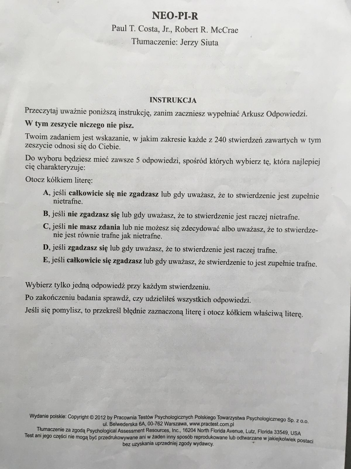 NEO-PI-R Assessment Worksheet for Personality Evaluation - Document Preview
