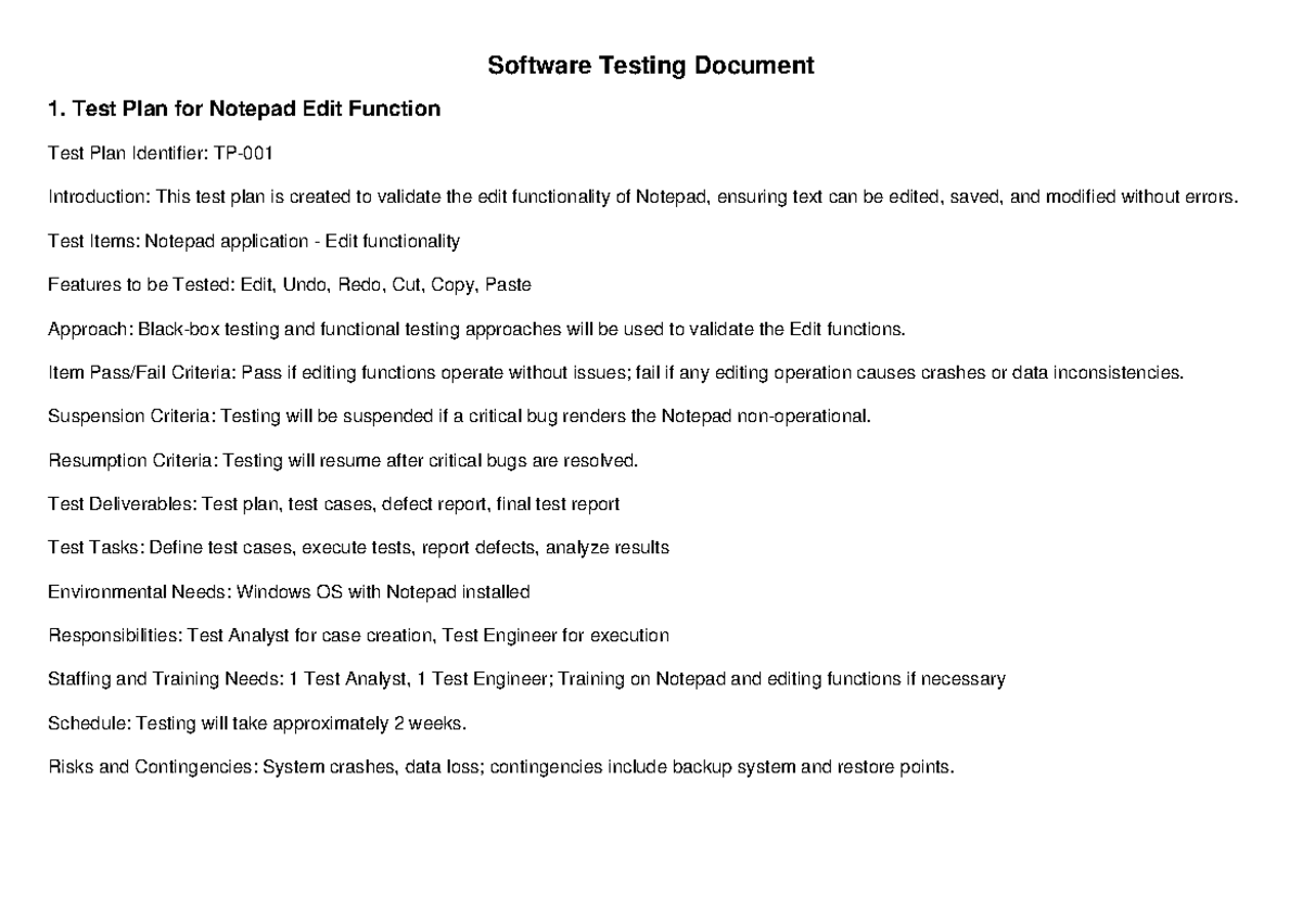 Software Testing: Notepad Edit Functionality Test Plan (TP-1) - Studocu