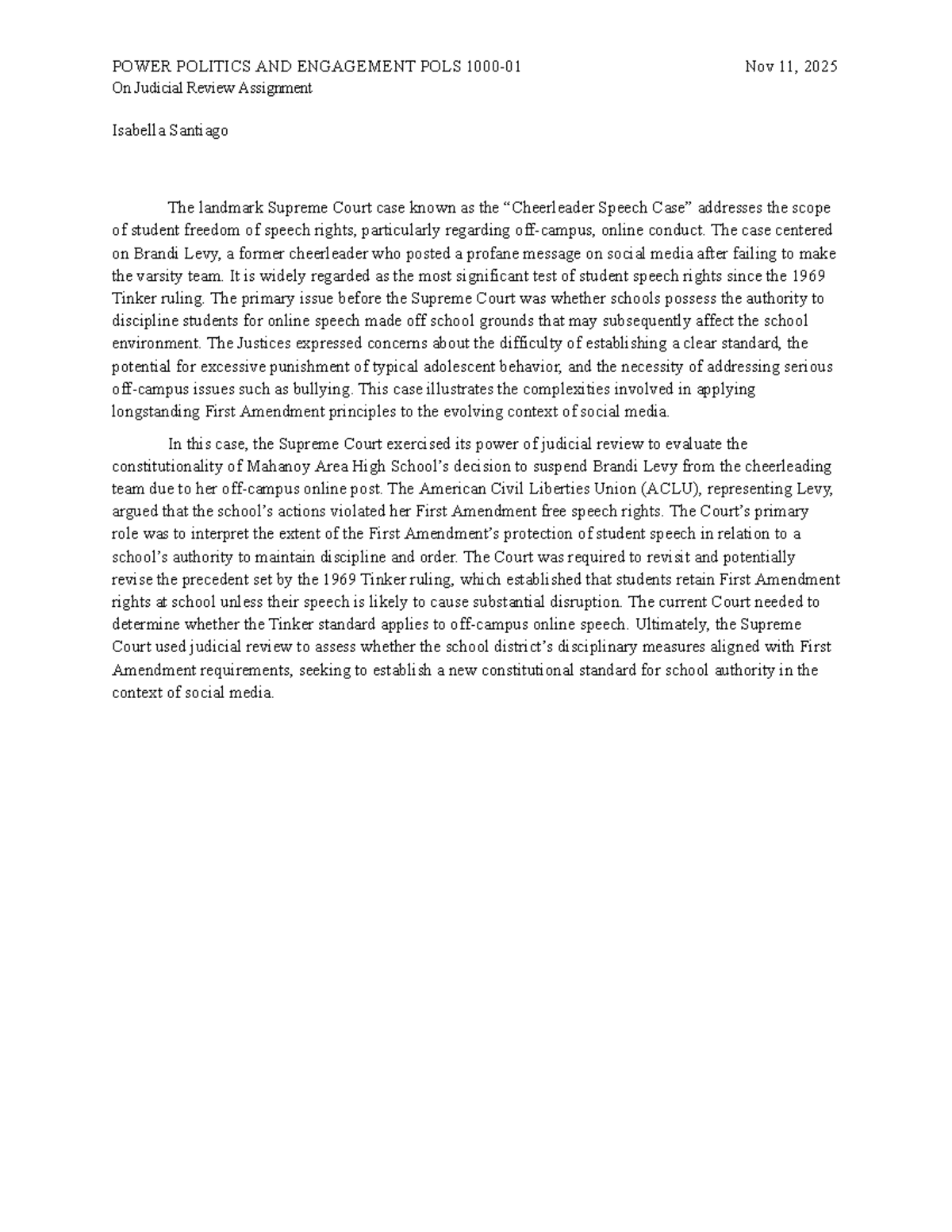 POLS 101: Judicial Review and Student Speech Rights Analysis - Studocu