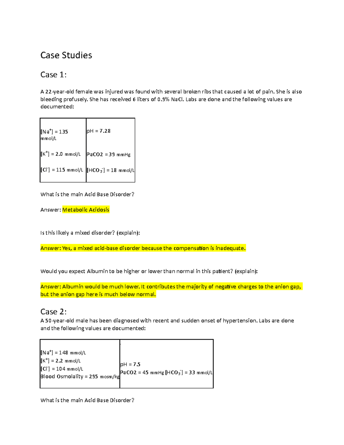 Case Studies Analysis for Bio 461 Lab: Acid-Base Disorders - Studocu