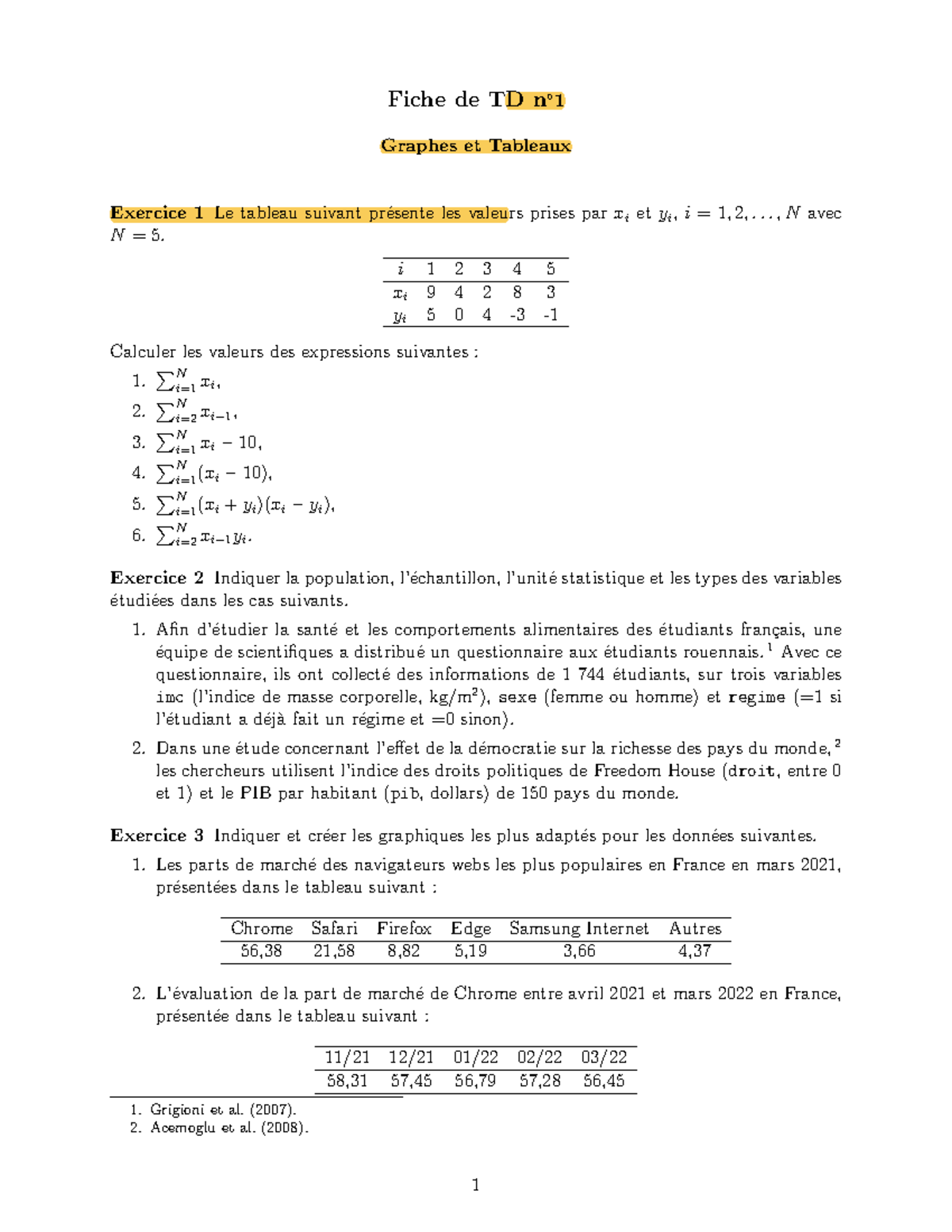 TD 1 - Graphes et Tableaux: Exercices et Calculs Statistiques - Studocu