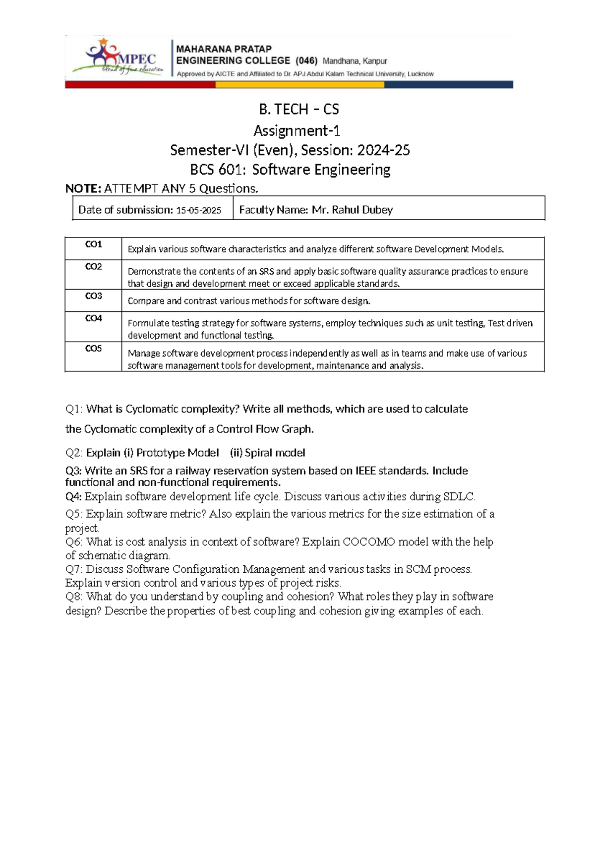 B. TECH CS (Even) BCS 601: Software Engineering Assignment 1 Notes ...