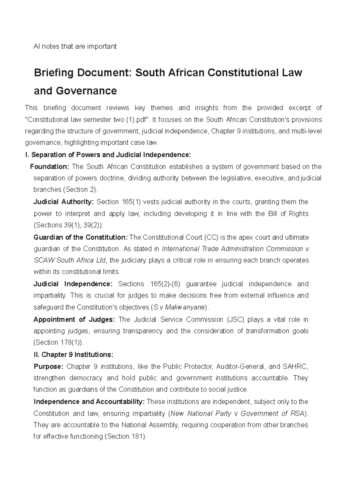 Key Cases and Legislation in South African Constitutional Law (LAW 321 ...