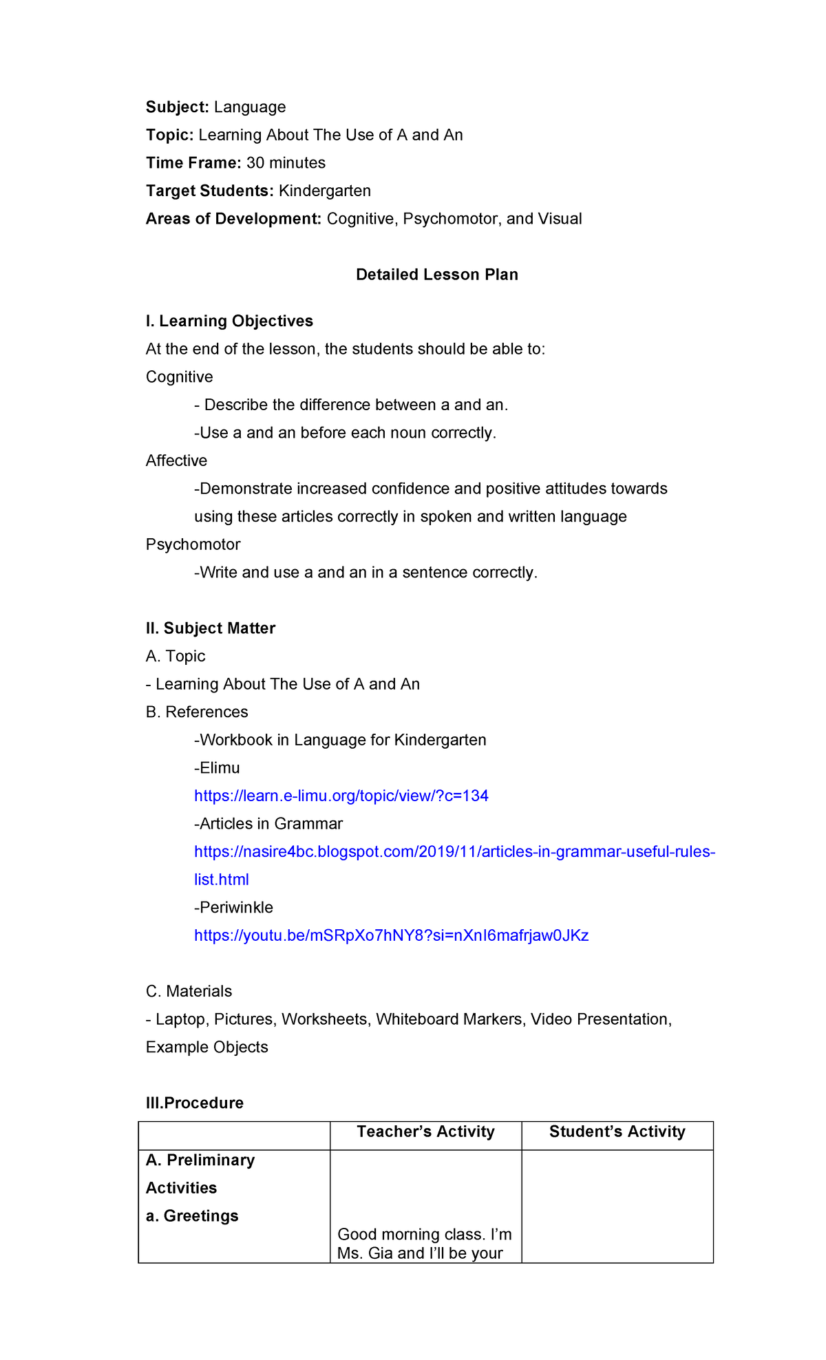 NEW DLP Language K: Learning A vs. An - Detailed Lesson Plan - Studocu