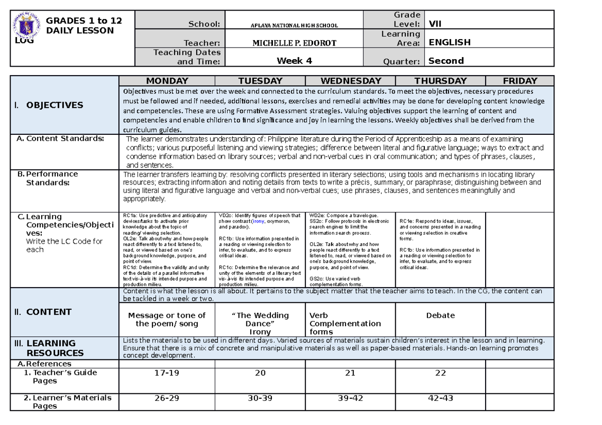 DLL 2nd Quarter Week 4 Daily Lesson Log for Grade VII English - Studocu