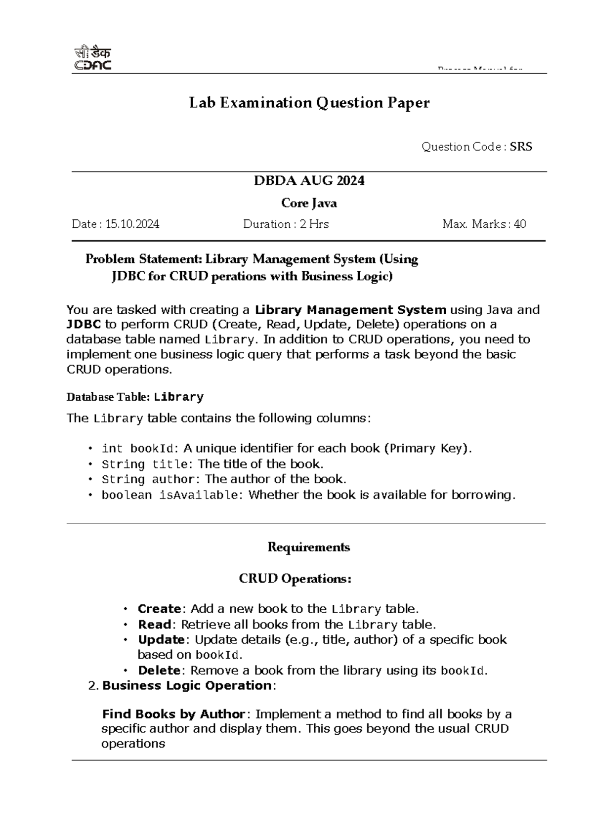 Core Java DBDA AUG2024 Lab Exam: Library Management Systems in JDBC ...