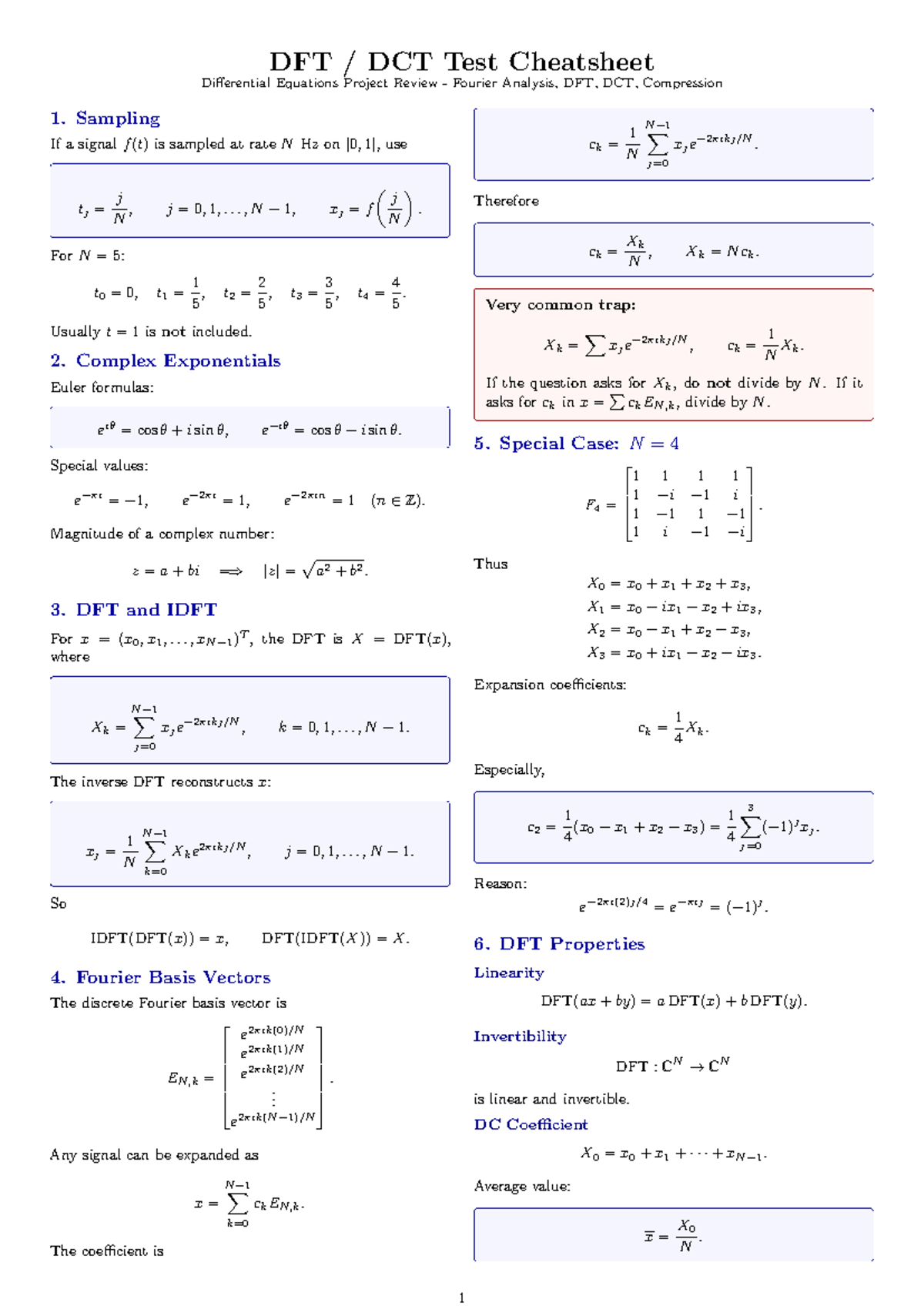 DFT DCT Test Cheatsheet: Differential Equations & Fourier Analysis ...