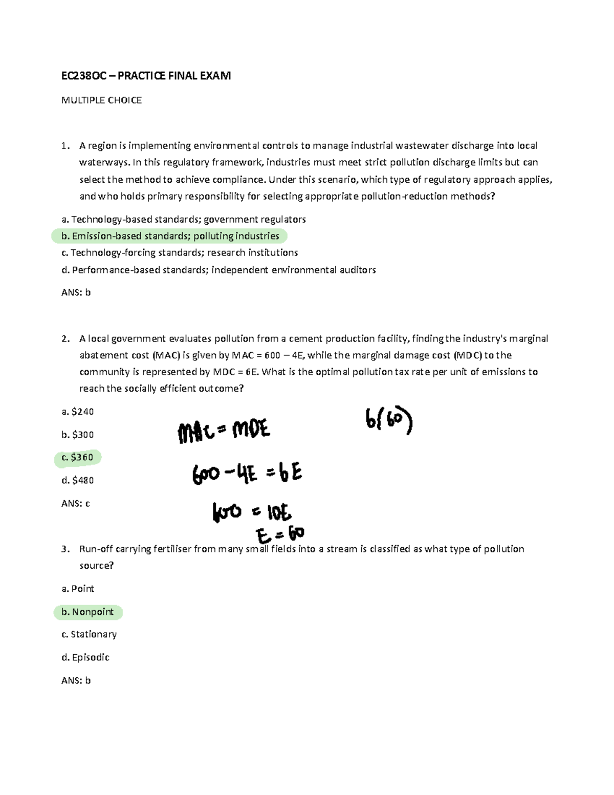 EC238OC PRACTICE FINAL EXAM MULTIPLE CHOICE QUESTIONS - Studocu