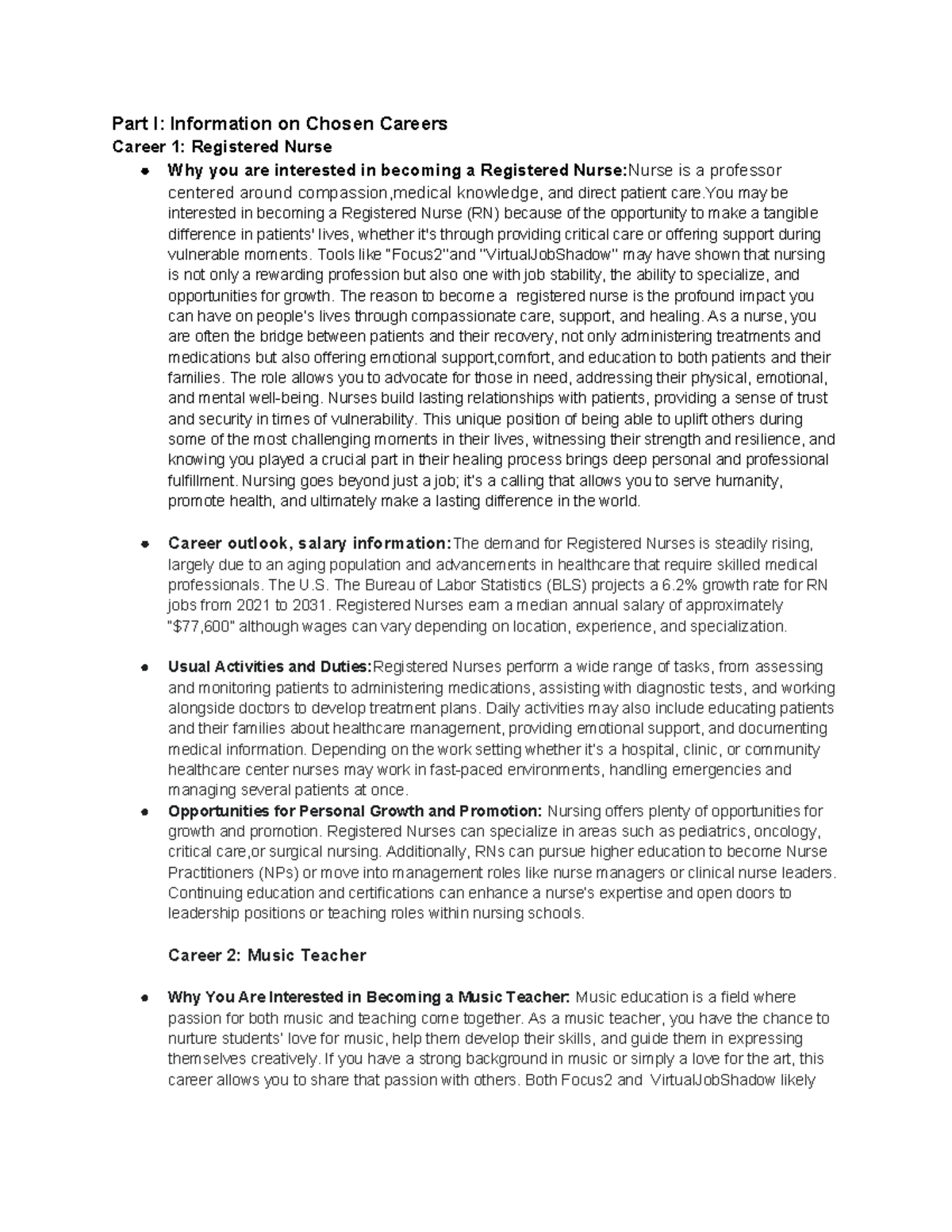 Sadia raja Part I Information on Chosen Careers-2 - Part I: Information ...