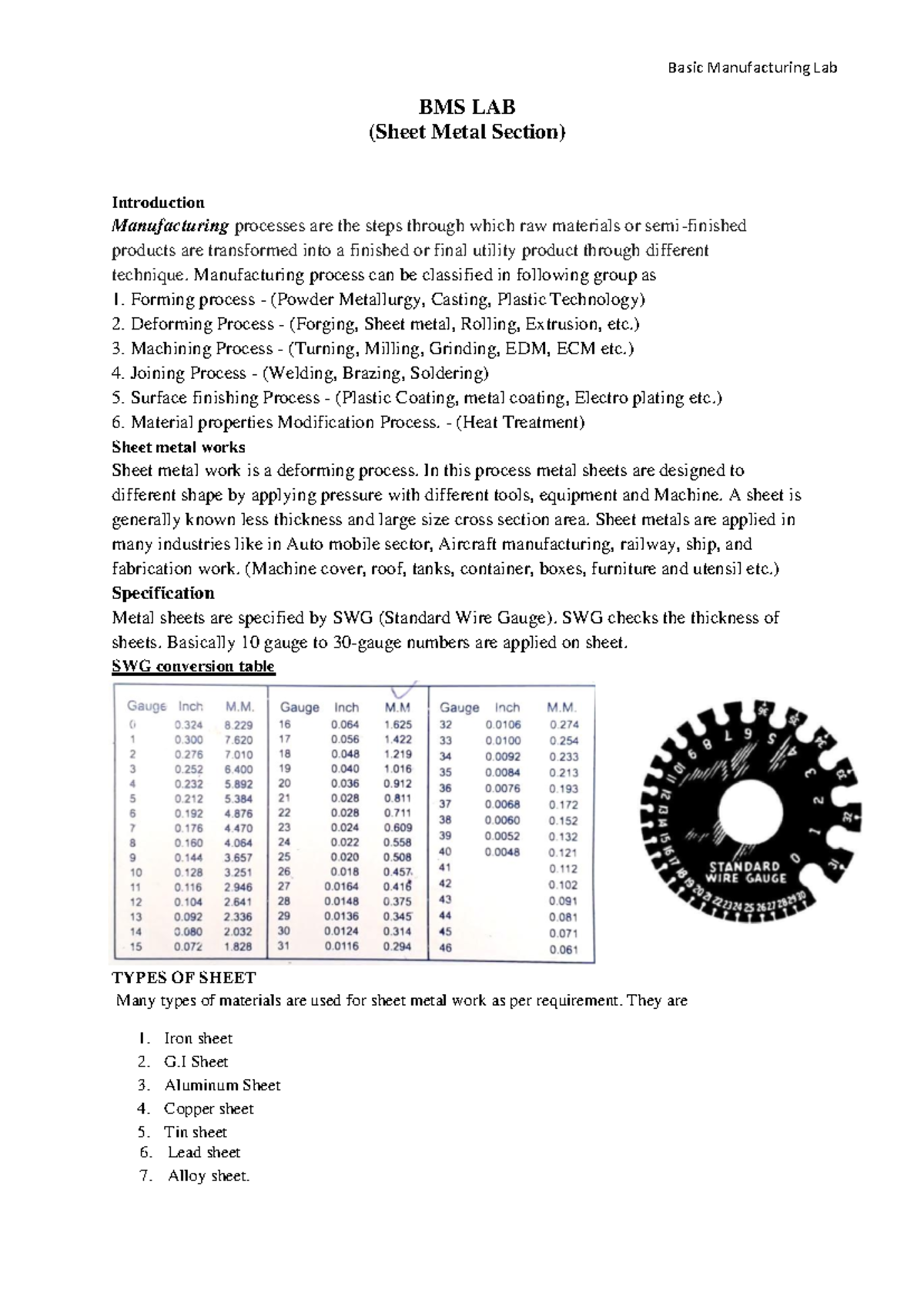 Sheet Metal Workshop BMS Lab: Processes, Tools, and Procedures - Studocu