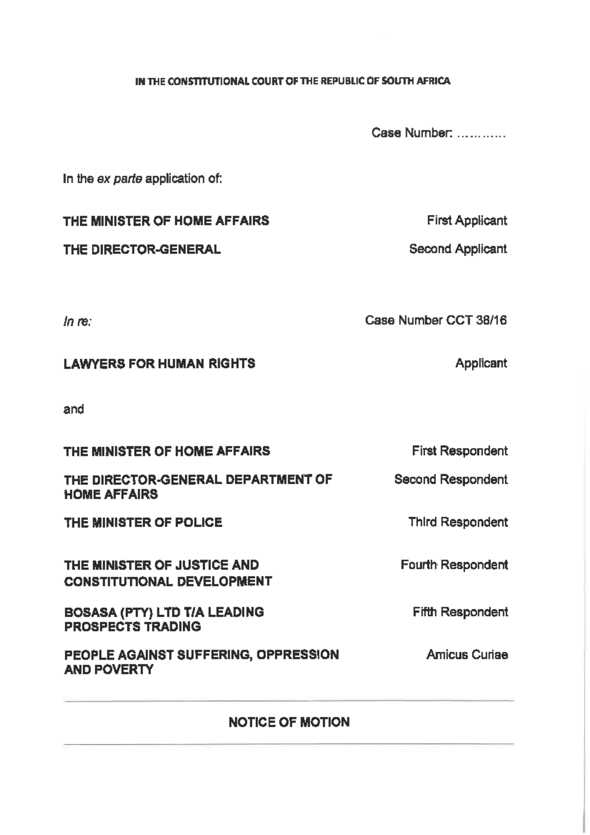 CCT Case: Ex Parte Application by Minister of Home Affairs - Studocu